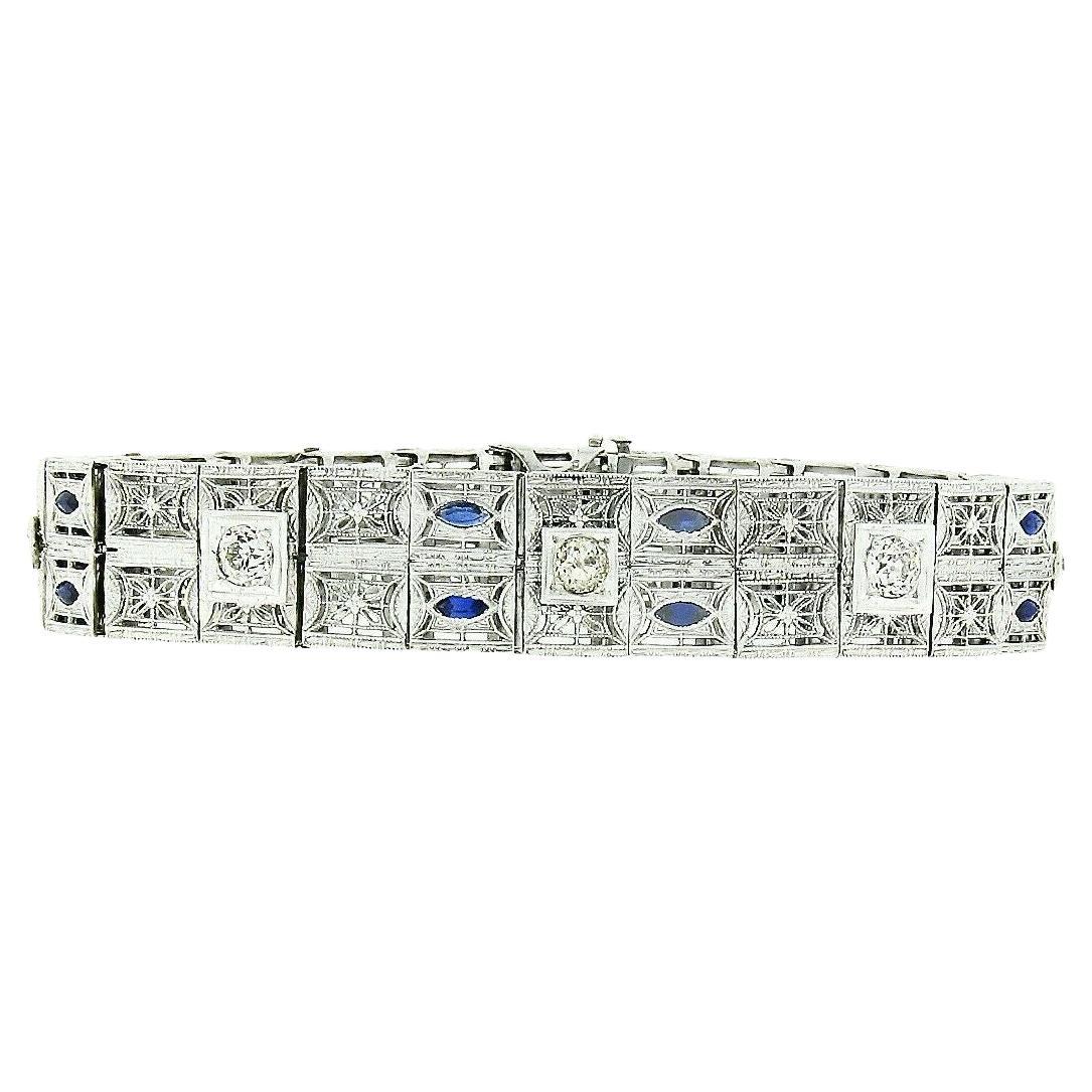 Antique Art Deco 14k Gold Platinum Diamond Sapphire Wide Filigree Bracelet Mint For Sale