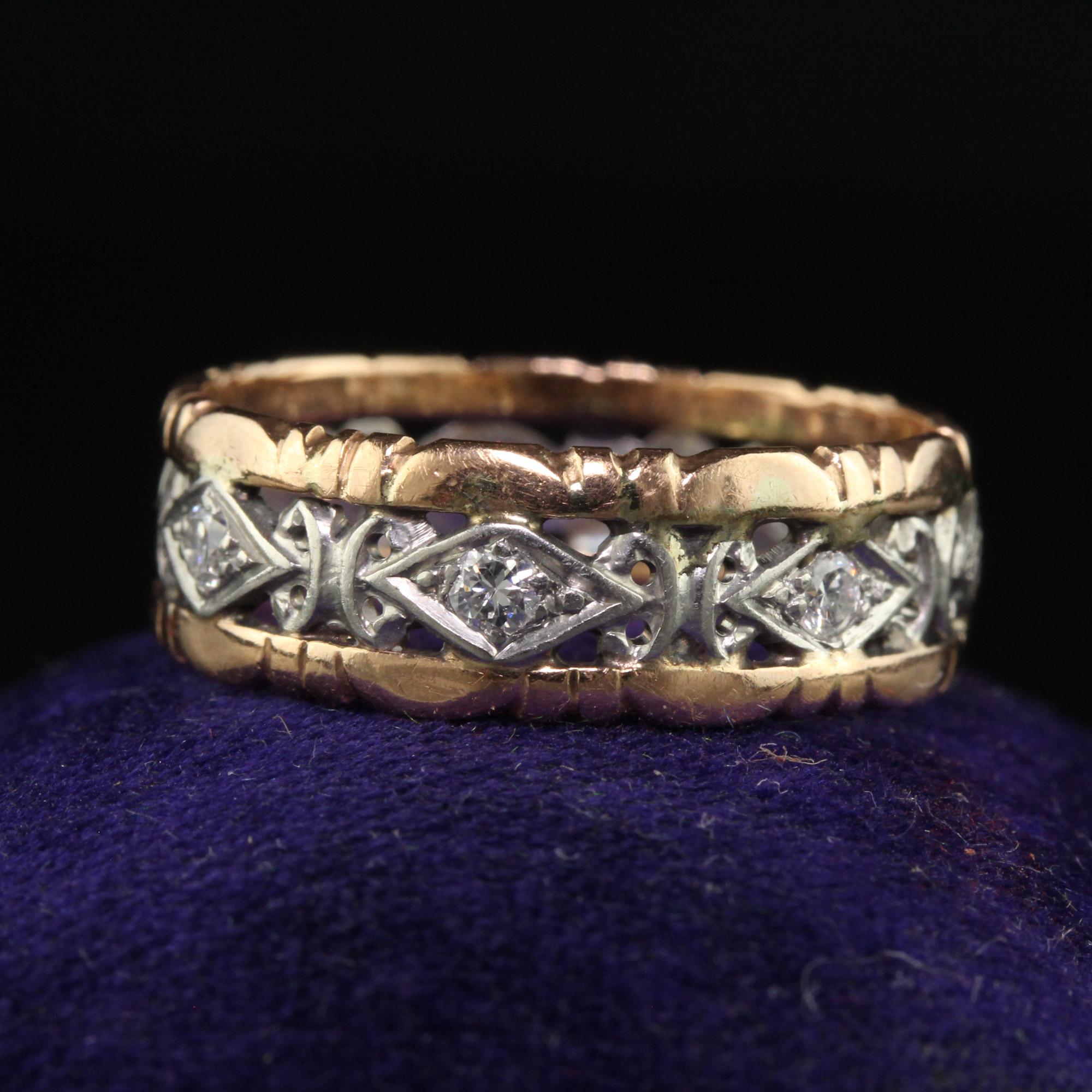 Beautiful Antique Art Deco 14K Gold Platinum Old Cut Diamond Floral Wide Wedding Band - Size 6. This beautiful wedding band is crafted in 14k yellow and platinum. The band has old cut diamonds in each station of the platinum center around the entire