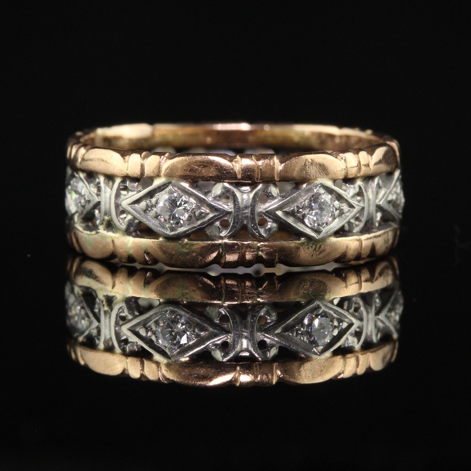 Antique Art Deco 14K Gold Platinum Old Cut Diamond Floral Wide Wedding Band - Si In Good Condition In Great Neck, NY
