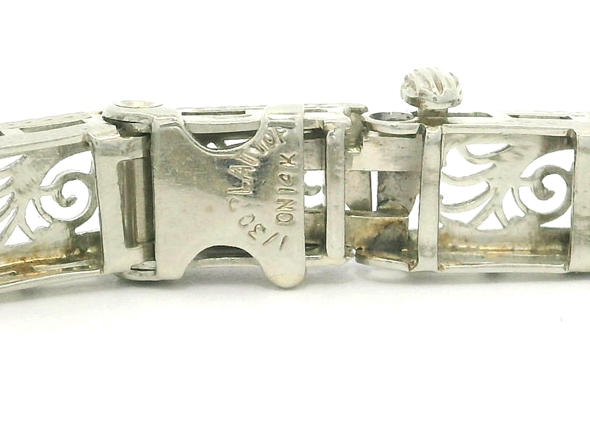 Old European Cut Antique Art Deco 14k Gold & Platinum Sapphire Diamond Floral Filigree Bracelet For Sale