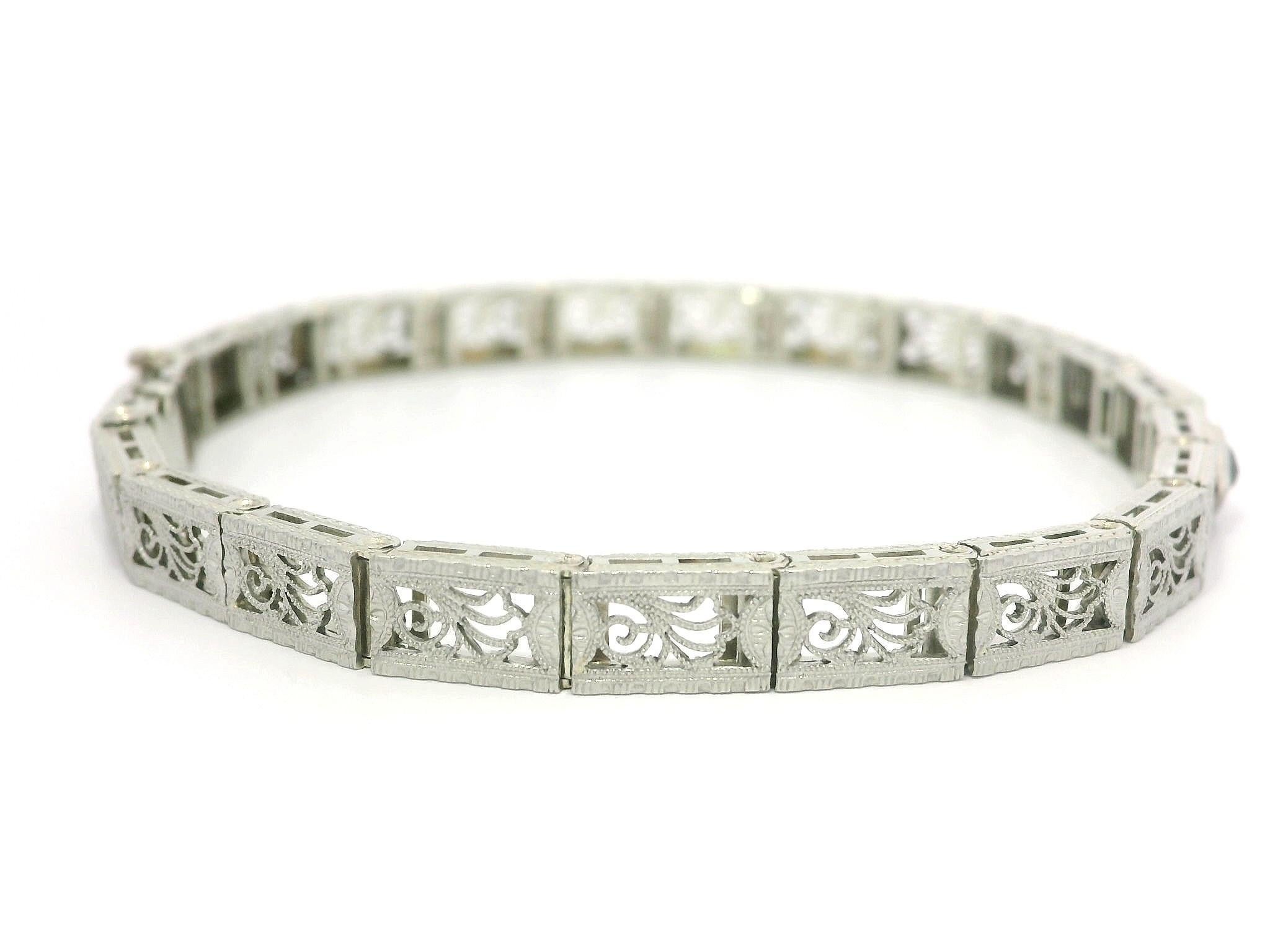 Antique Art Deco 14k Gold & Platinum Sapphire Diamond Floral Filigree Bracelet For Sale 2