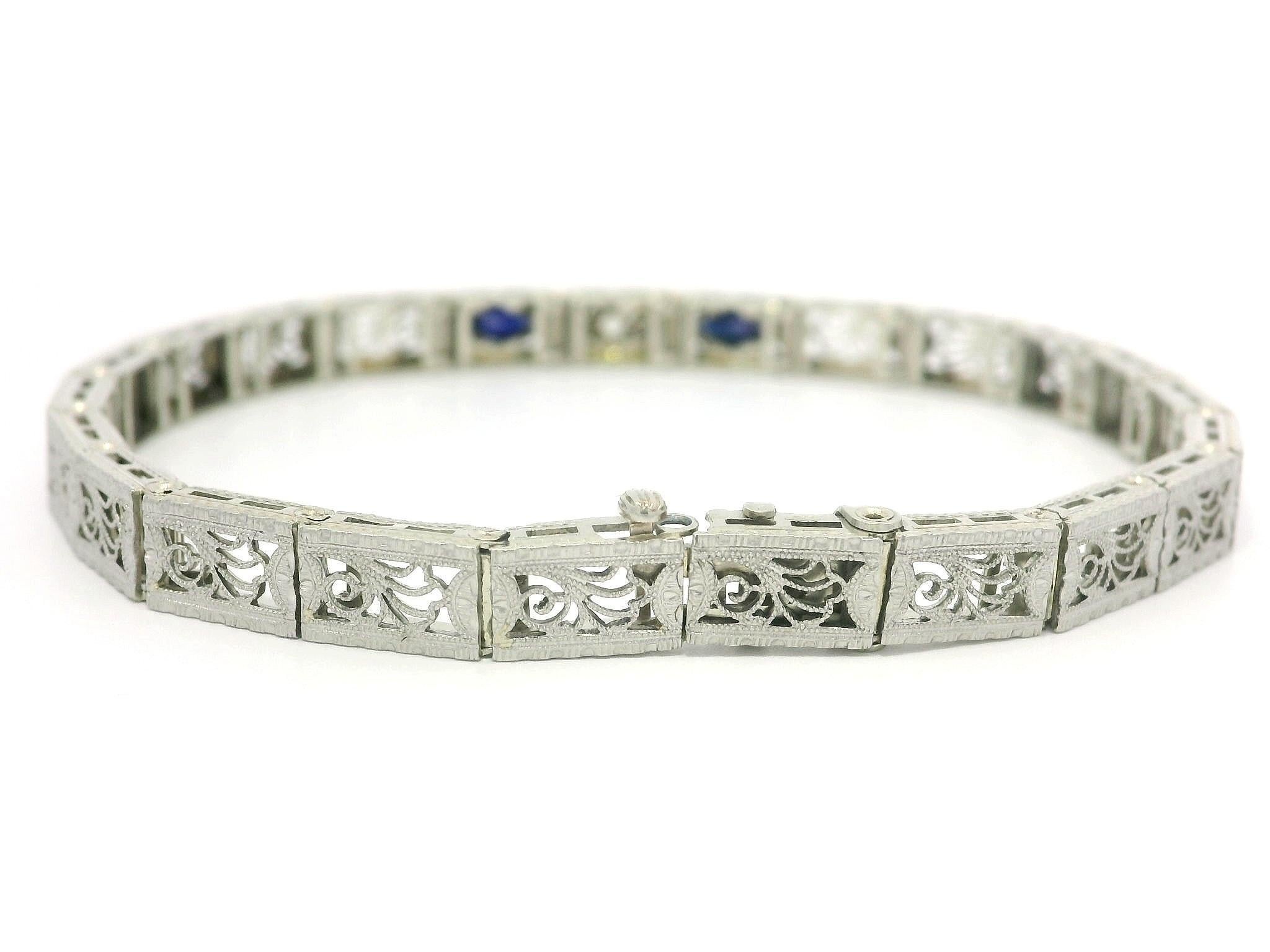 Antique Art Deco 14k Gold & Platinum Sapphire Diamond Floral Filigree Bracelet For Sale 3