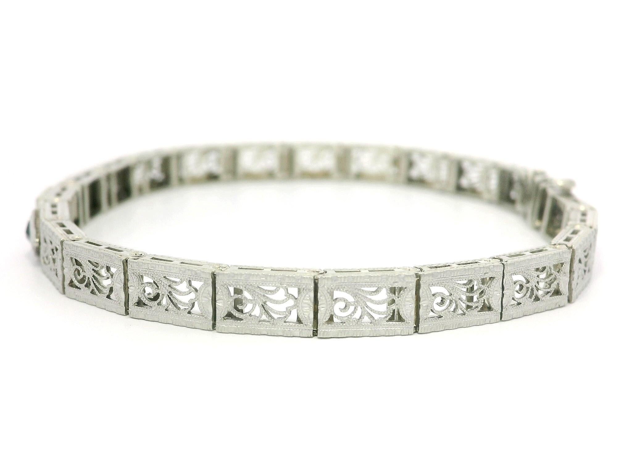 Antique Art Deco 14k Gold & Platinum Sapphire Diamond Floral Filigree Bracelet For Sale 4