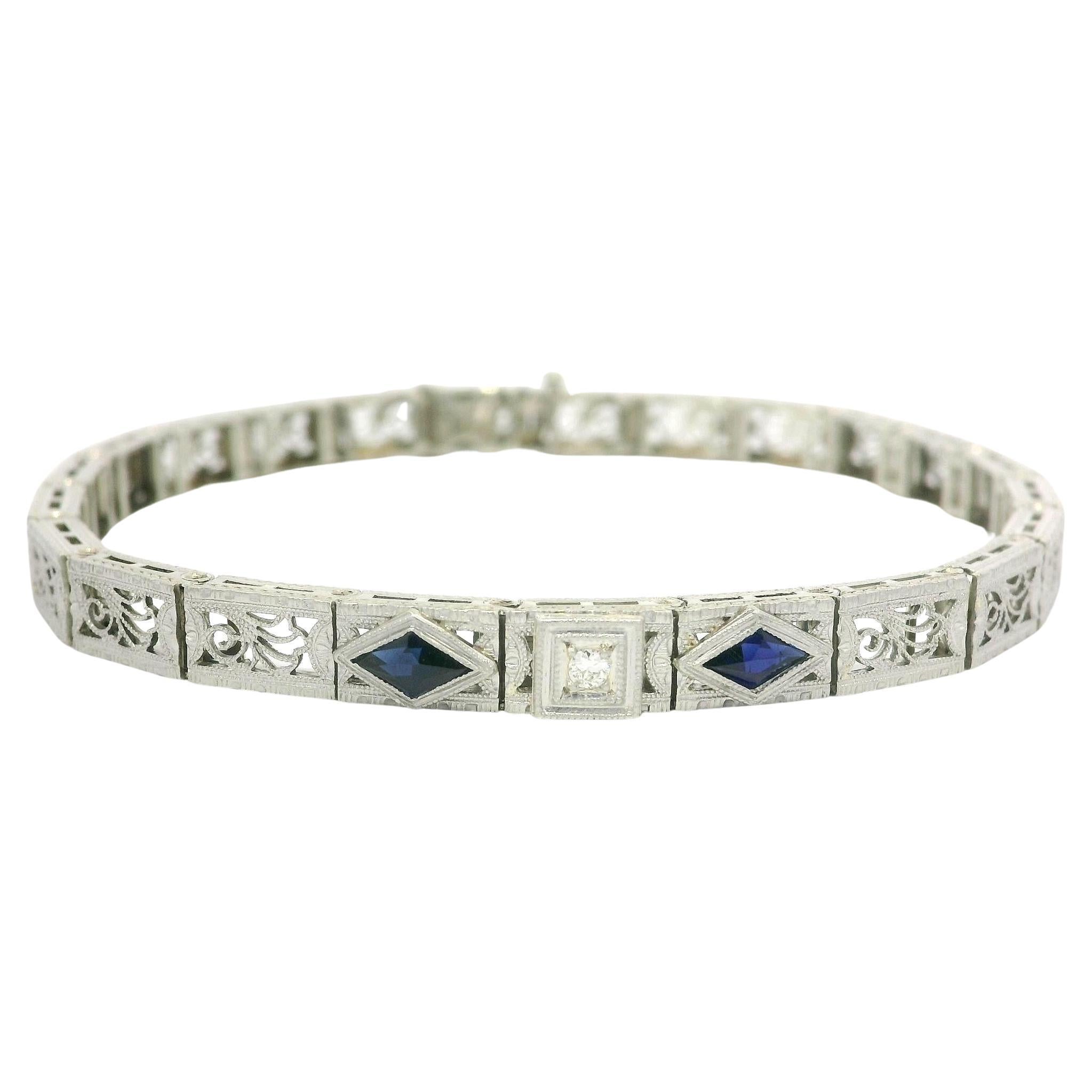 Antique Art Deco 14k Gold & Platinum Sapphire Diamond Floral Filigree Bracelet