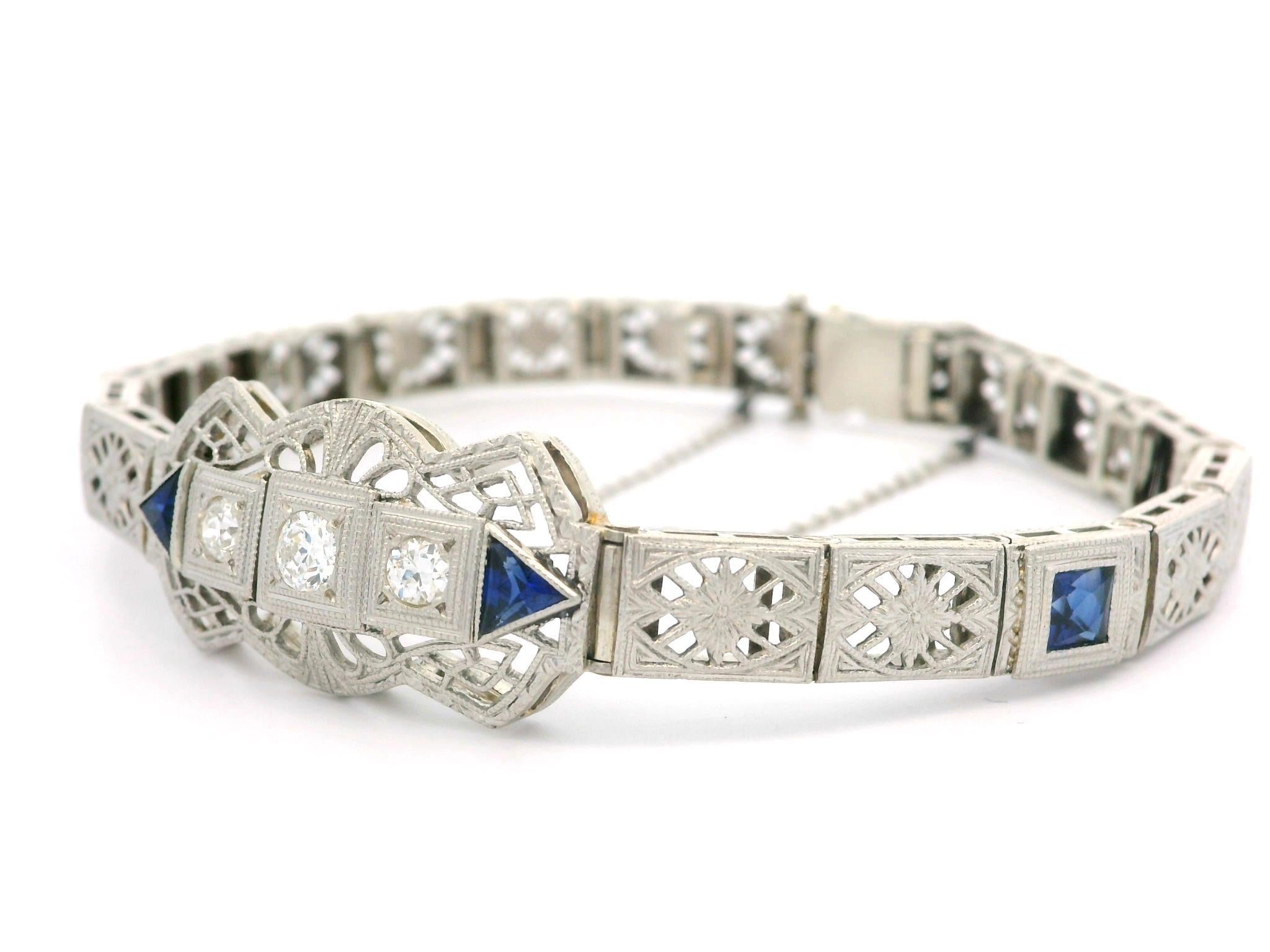 Old European Cut Antique Art Deco 14k Gold & Platinum Sapphire Diamond Open Filigree Bracelet