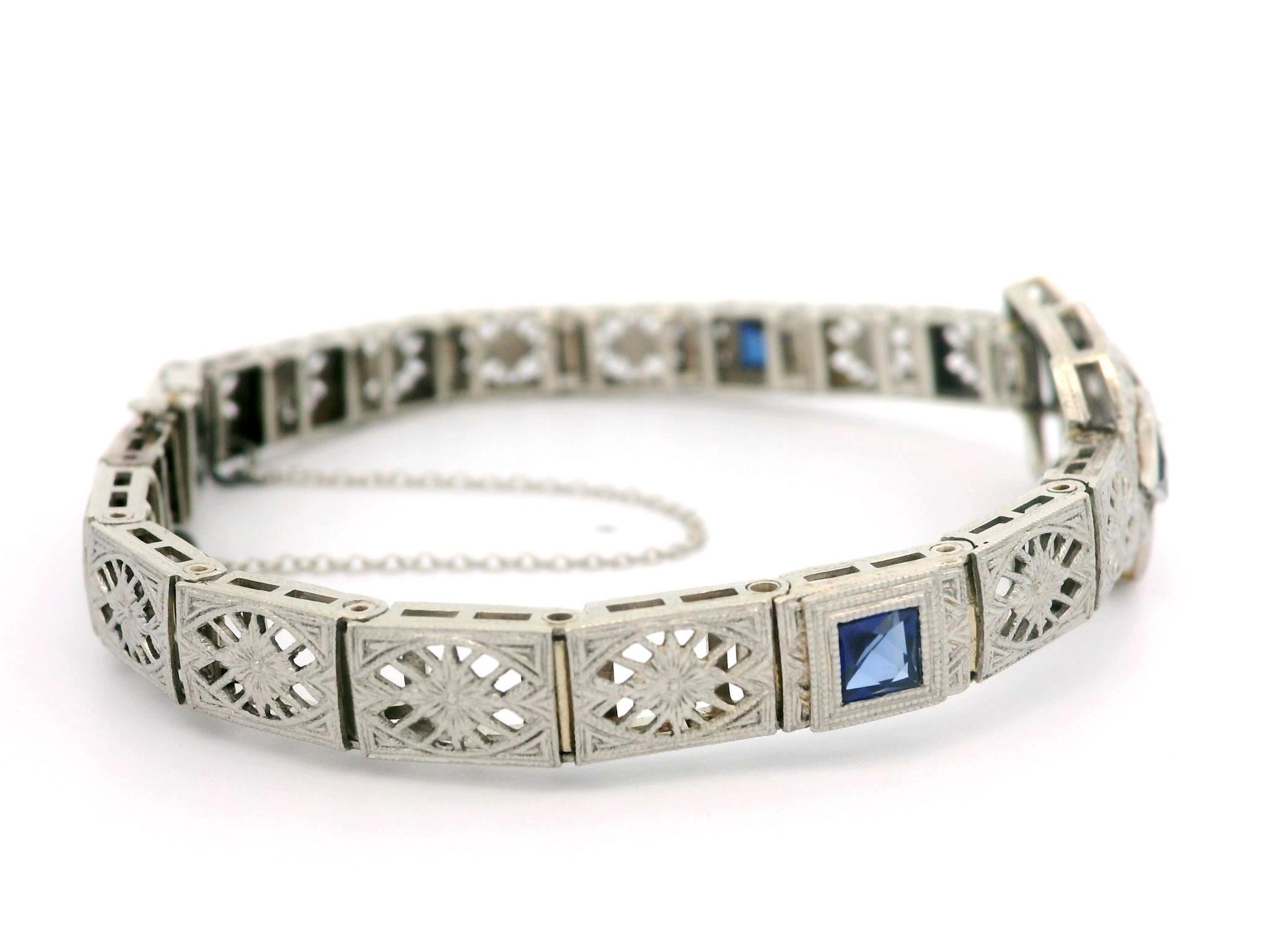Antique Art Deco 14k Gold & Platinum Sapphire Diamond Open Filigree Bracelet In Excellent Condition In Montclair, NJ