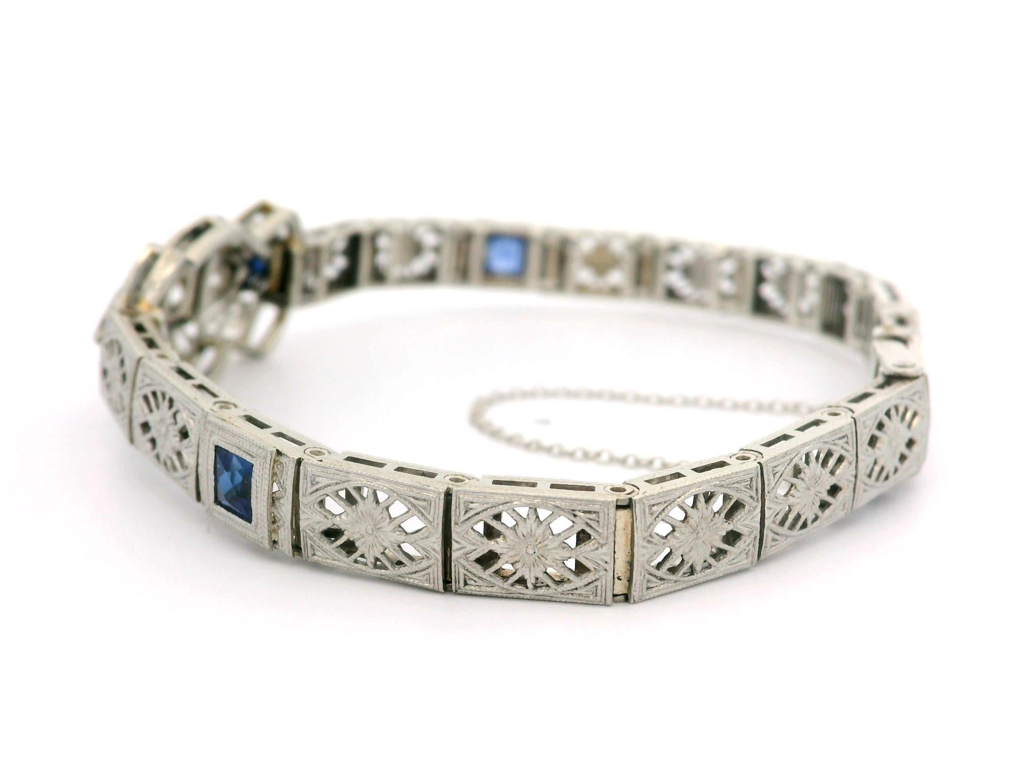 Antique Art Deco 14k Gold & Platinum Sapphire Diamond Open Filigree Bracelet 1