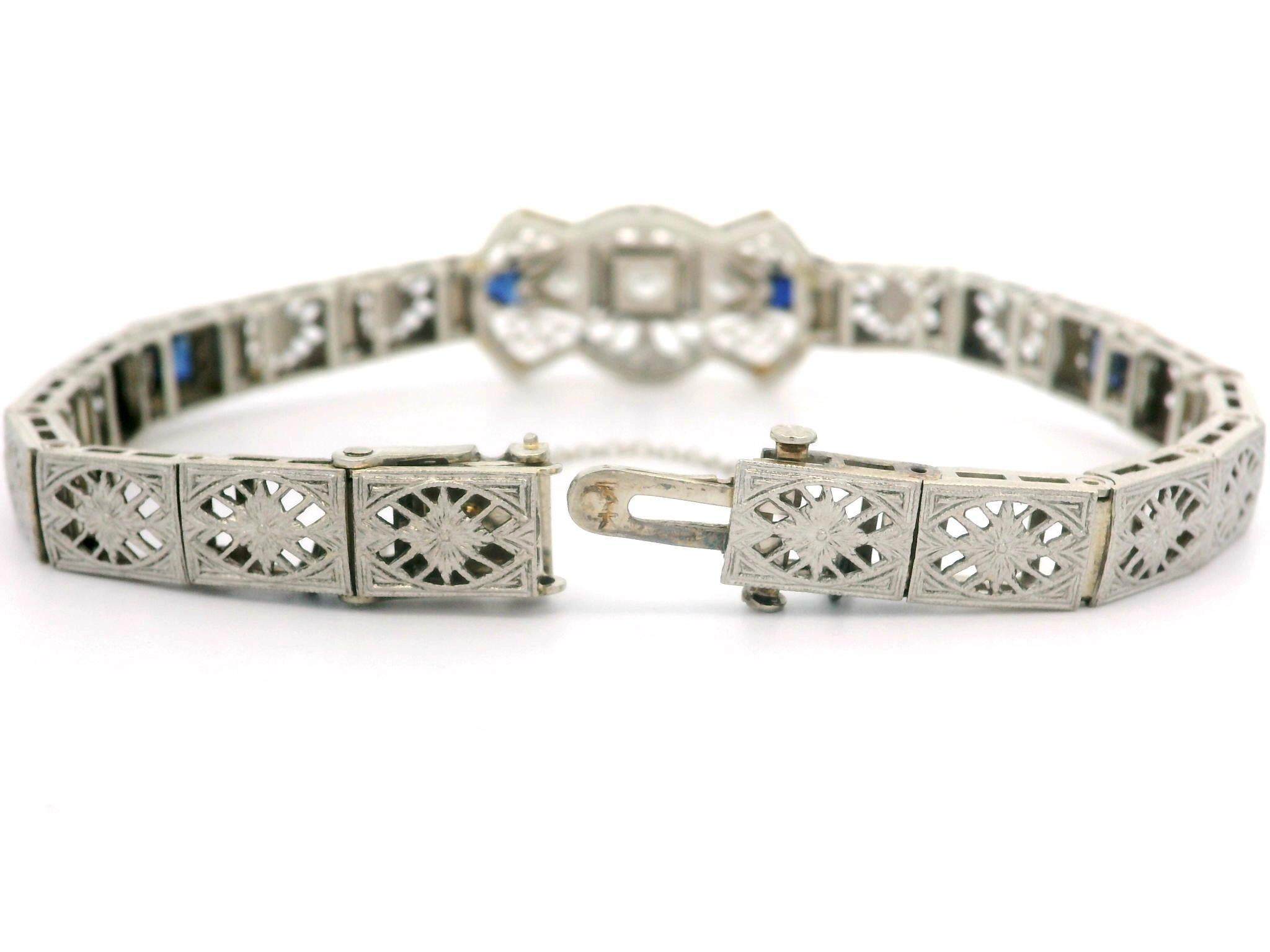 Antique Art Deco 14k Gold & Platinum Sapphire Diamond Open Filigree Bracelet 2