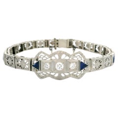 Antique Art Deco 14k Gold & Platinum Sapphire Diamond Open Filigree Bracelet