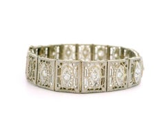 Antique Art Deco 14k Gold & Platinum Top 2ctw Old Diamond Wide Filigree Bracelet