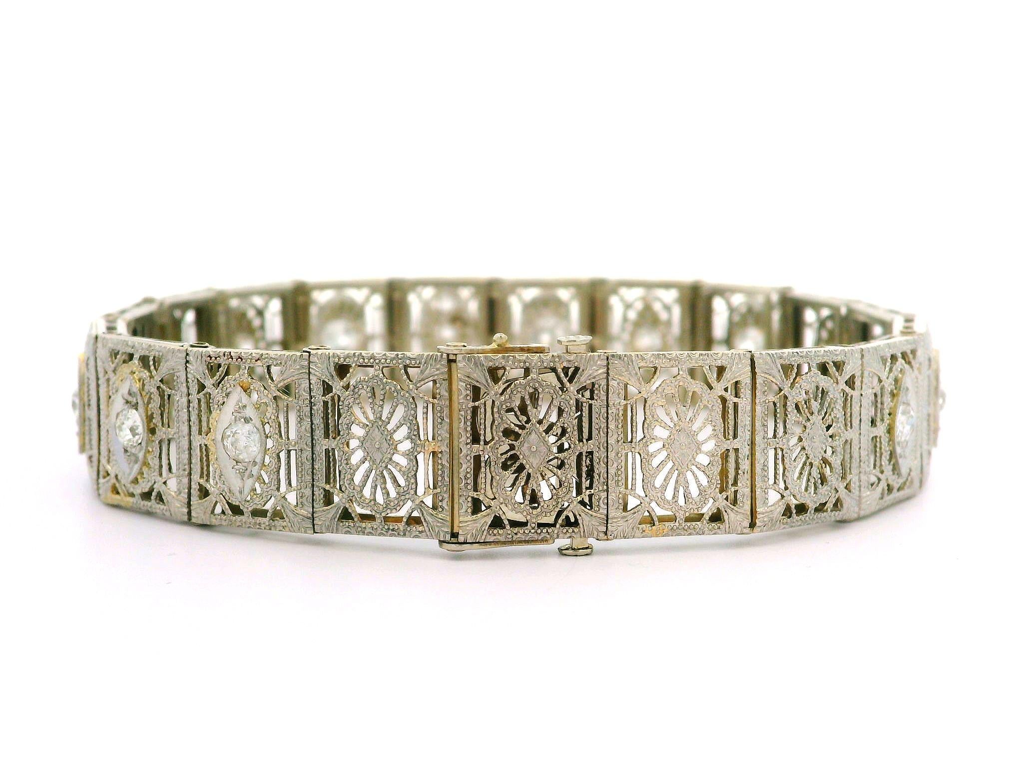 Old Mine Cut Antique Art Deco 14k Gold & Platinum Top 2ctw Old Diamond Wide Filigree Bracelet For Sale