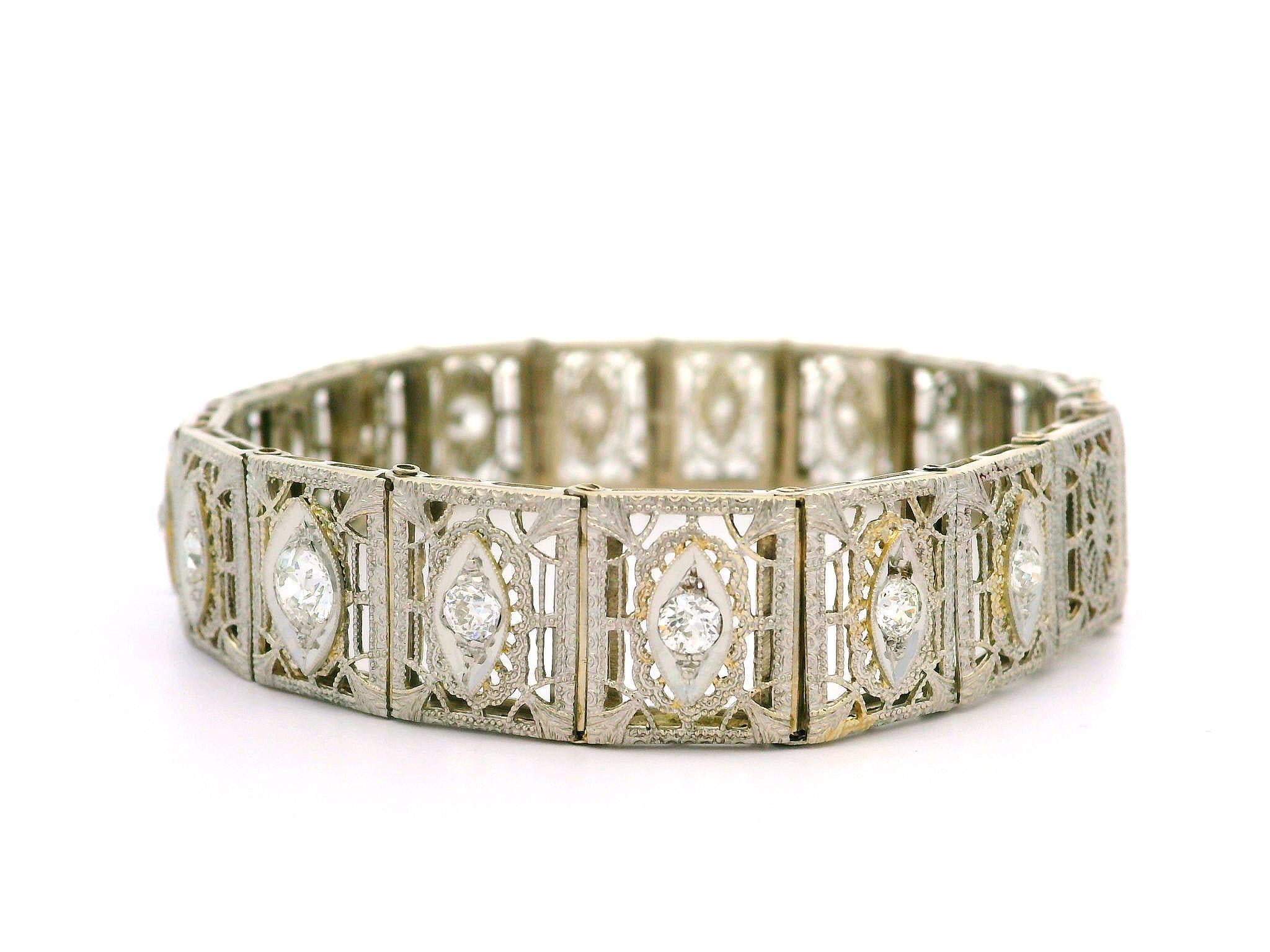 Antique Art Deco 14k Gold & Platinum Top 2ctw Old Diamond Wide Filigree Bracelet In Good Condition For Sale In Montclair, NJ