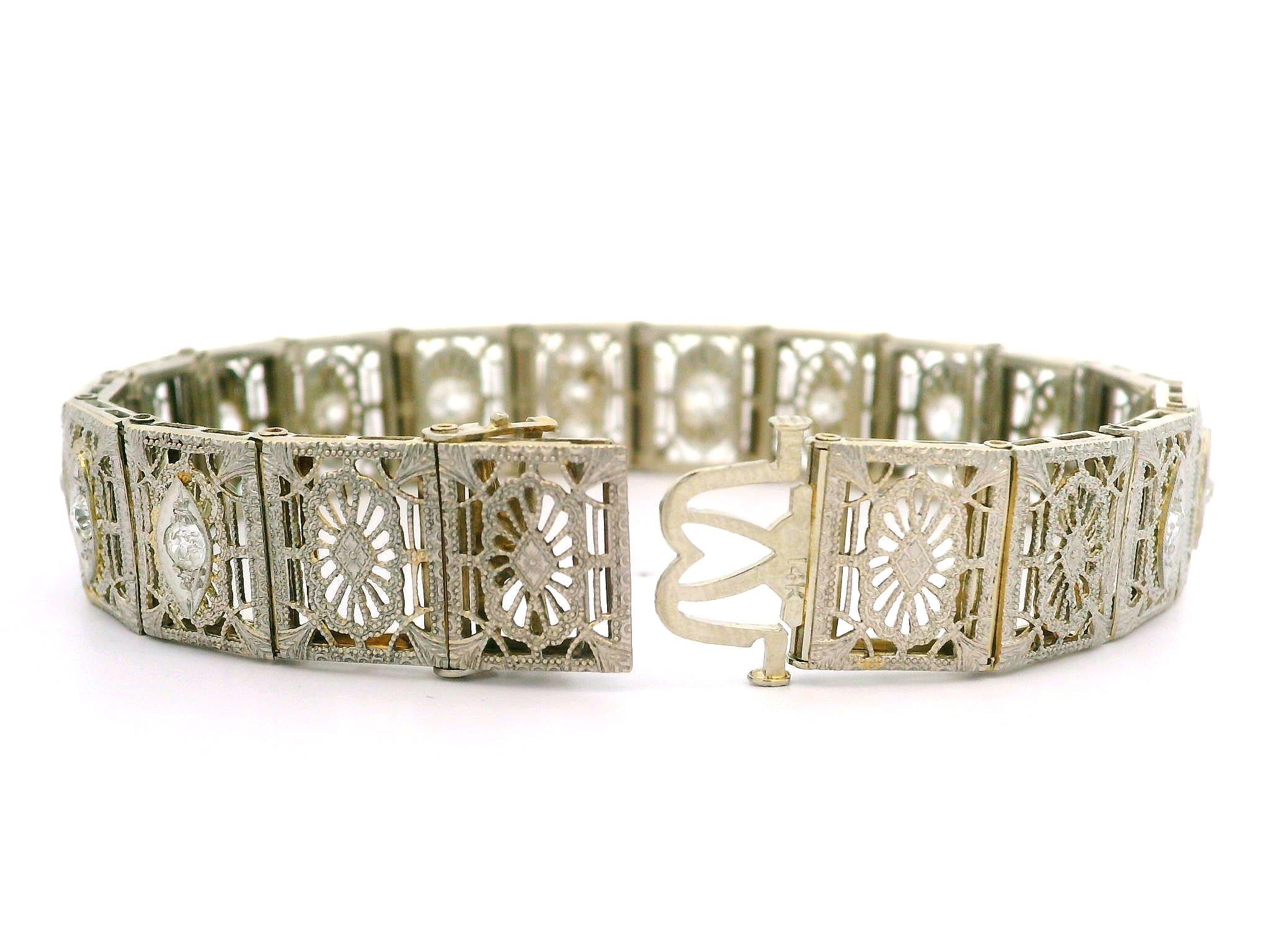 Women's Antique Art Deco 14k Gold & Platinum Top 2ctw Old Diamond Wide Filigree Bracelet For Sale