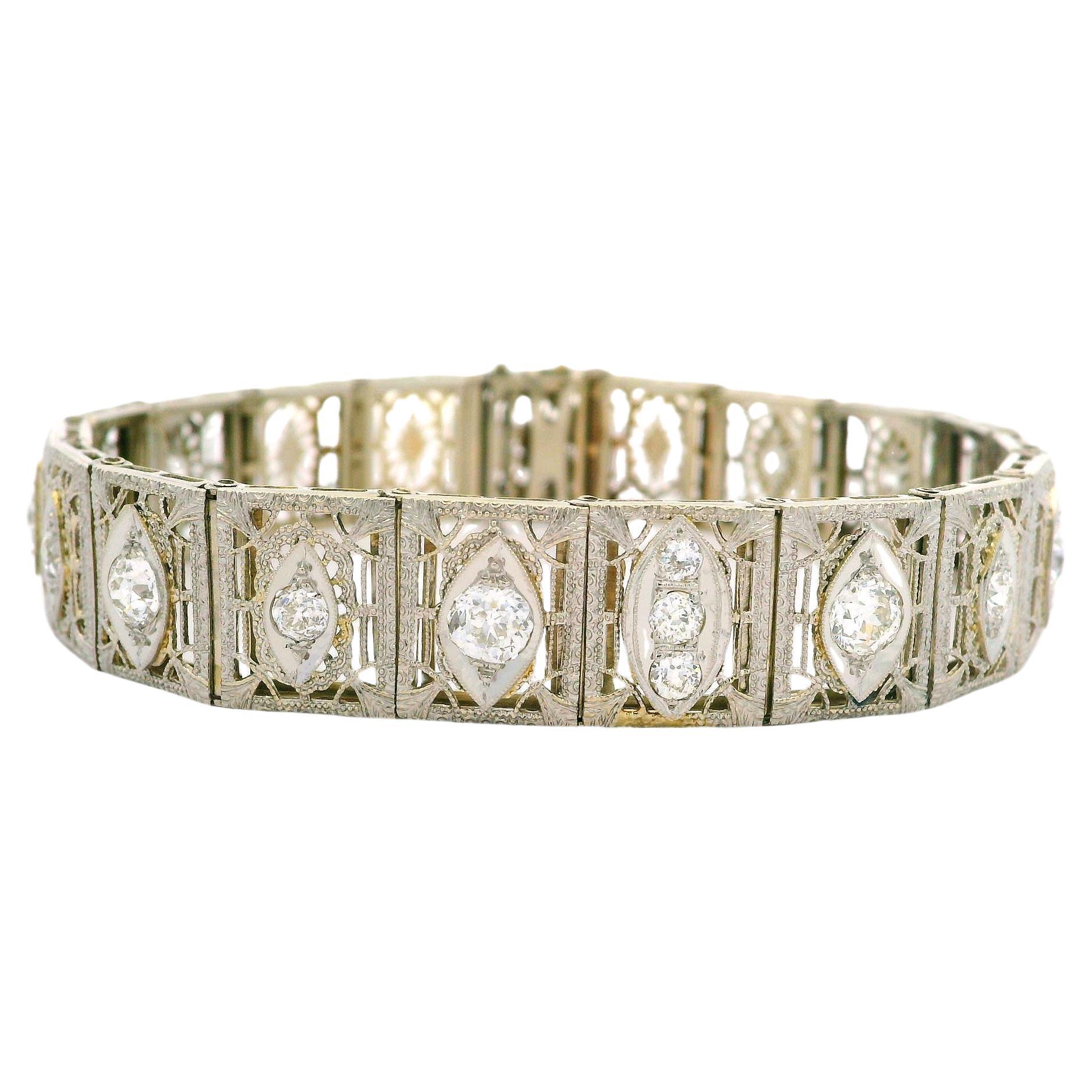 Antique Art Deco 14k Gold & Platinum Top 2ctw Old Diamond Wide Filigree Bracelet