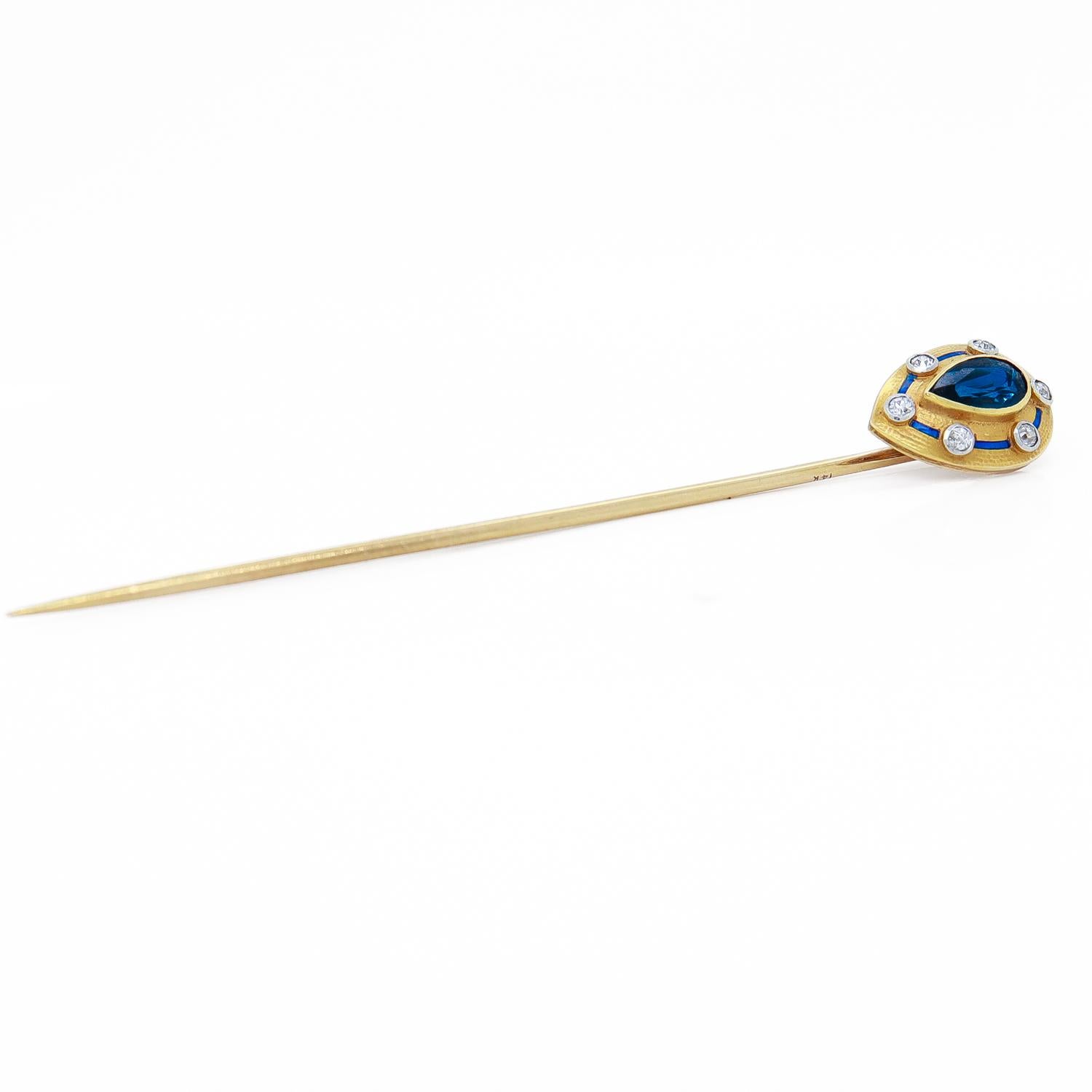 Antico fermaglio Art Deco in oro 14 carati, zaffiro, diamante e smalto 4