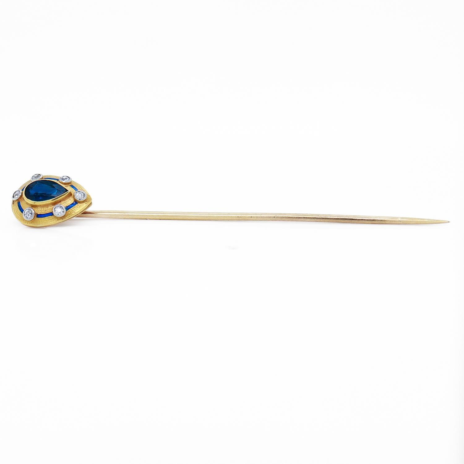 Antico fermaglio Art Deco in oro 14 carati, zaffiro, diamante e smalto 5
