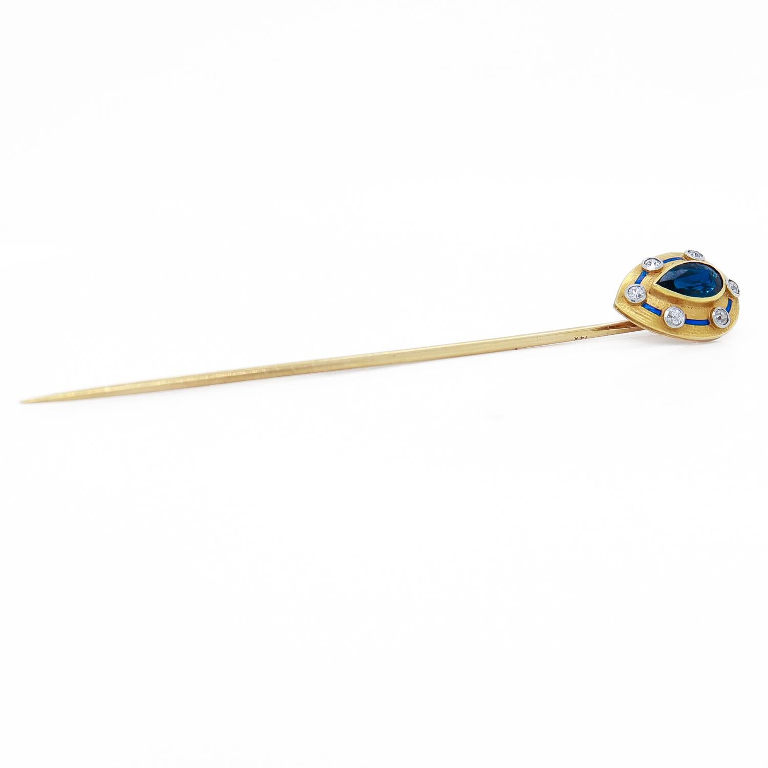 Antico fermaglio Art Deco in oro 14 carati, zaffiro, diamante e smalto 7