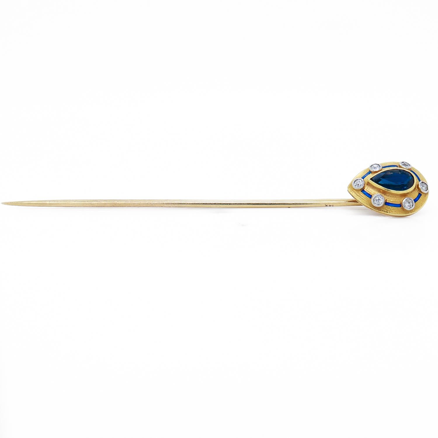 Antico fermaglio Art Deco in oro 14 carati, zaffiro, diamante e smalto 8