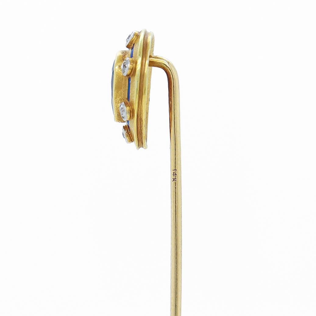 Antico fermaglio Art Deco in oro 14 carati, zaffiro, diamante e smalto 10