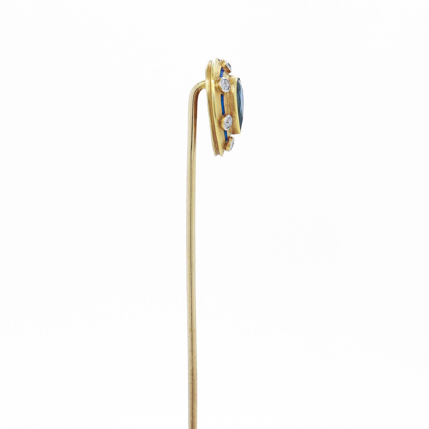 Antico fermaglio Art Deco in oro 14 carati, zaffiro, diamante e smalto 1