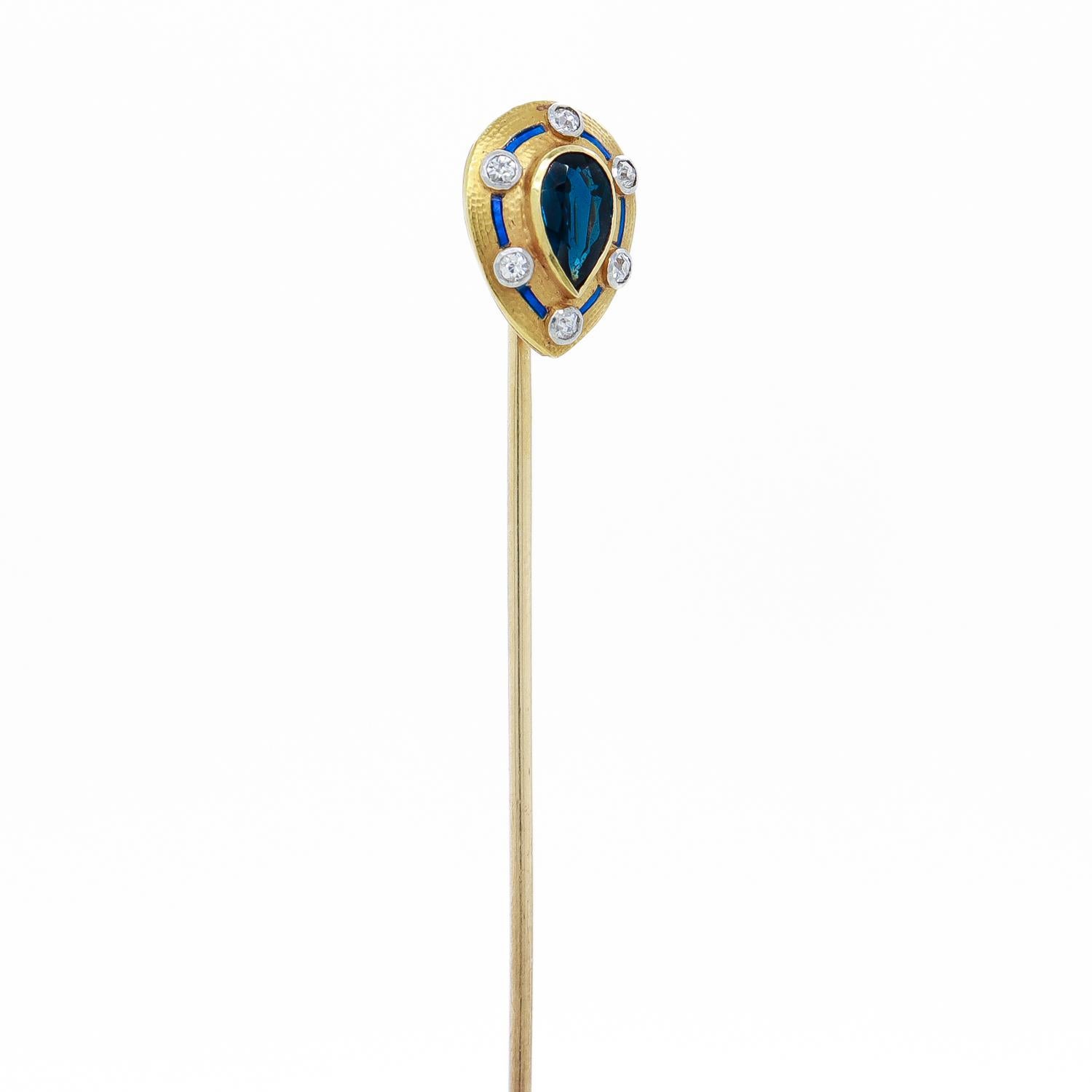 Antico fermaglio Art Deco in oro 14 carati, zaffiro, diamante e smalto 2