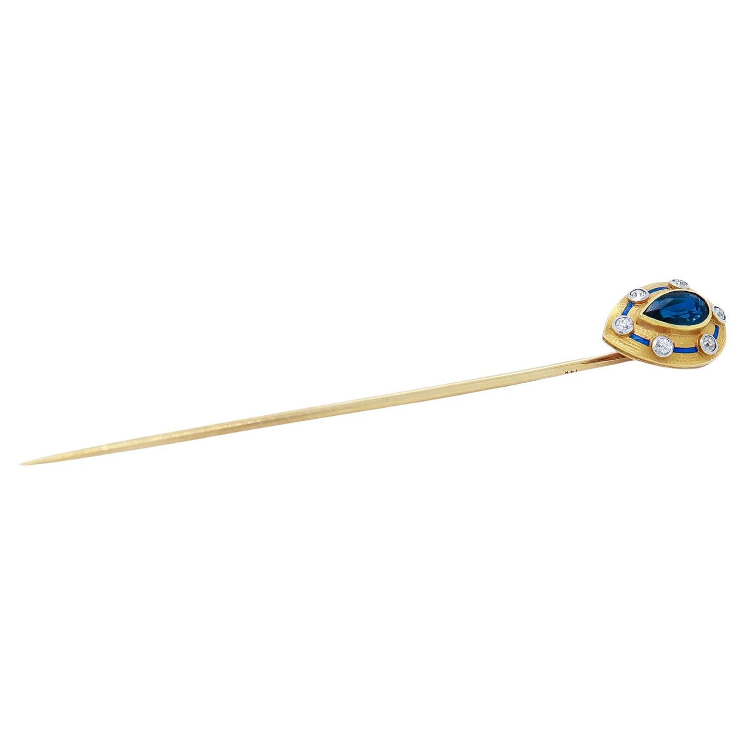 Antico fermaglio Art Deco in oro 14 carati, zaffiro, diamante e smalto 3
