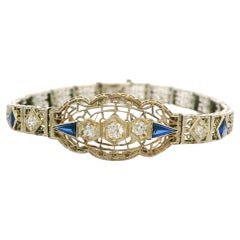 Antique Art Deco 14k Gold Synthetic Sapphire & Diamond Filigree Bracelet