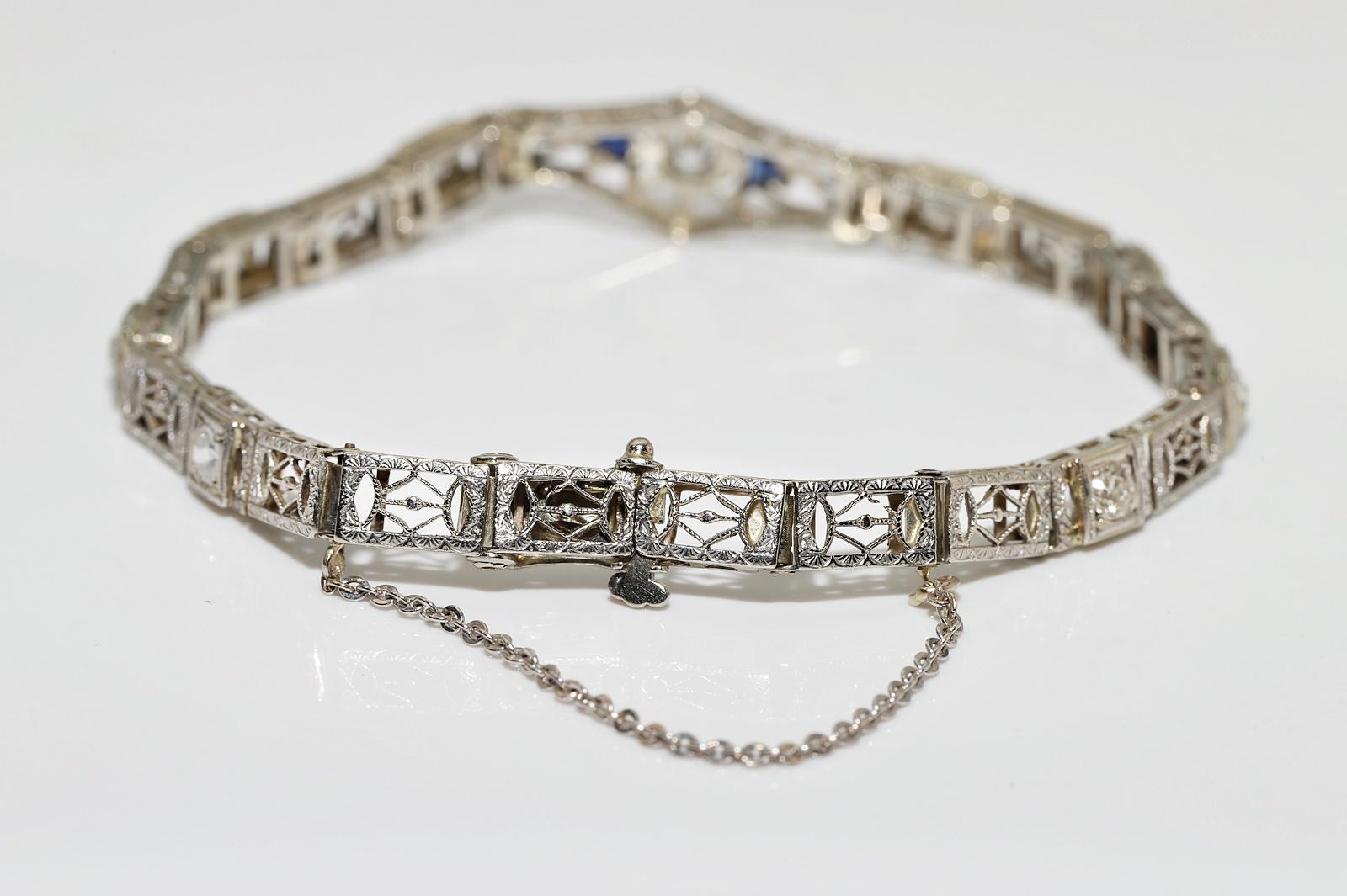Antique Art Deco 14k Gold Top Platinum Natural Diamond And Sapphire Bracelet For Sale 5