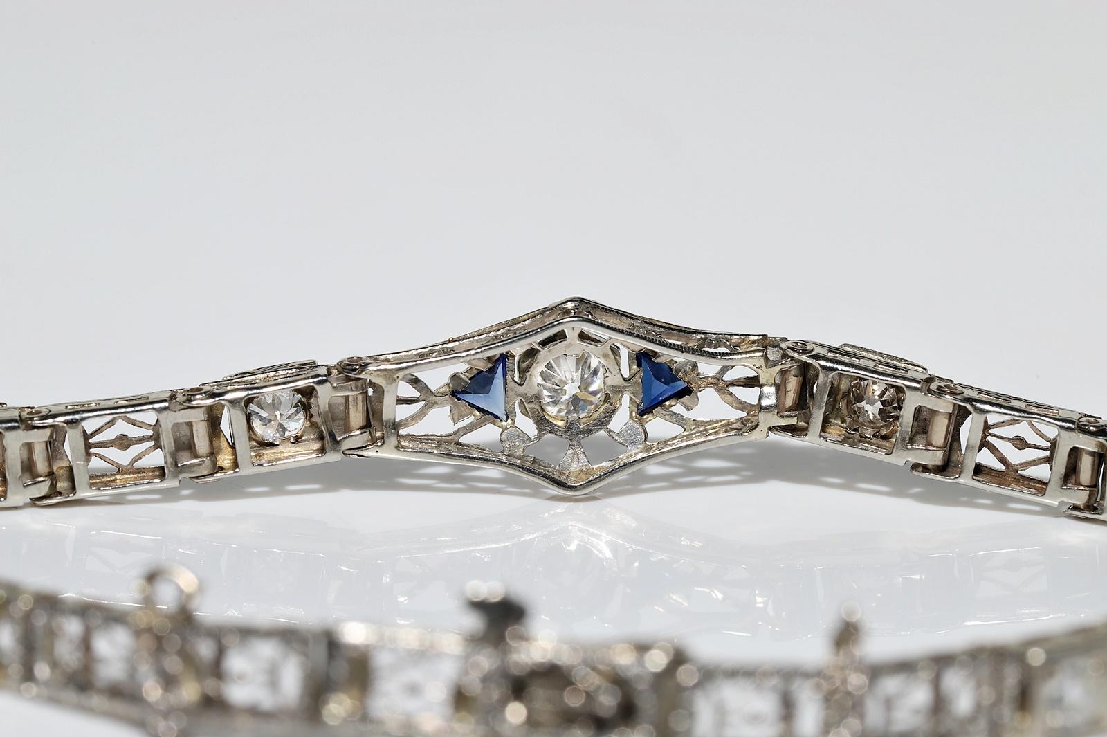 Antique Art Deco 14k Gold Top Platinum Natural Diamond And Sapphire Bracelet For Sale 15