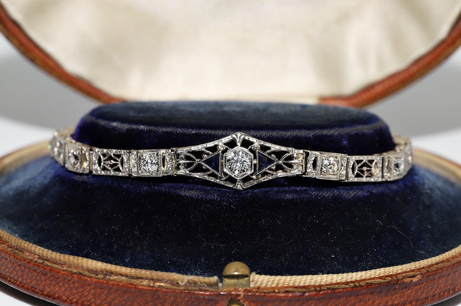 Old European Cut Antique Art Deco 14k Gold Top Platinum Natural Diamond And Sapphire Bracelet For Sale