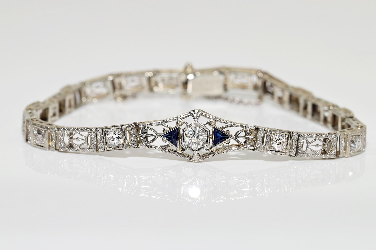 Women's Antique Art Deco 14k Gold Top Platinum Natural Diamond And Sapphire Bracelet For Sale