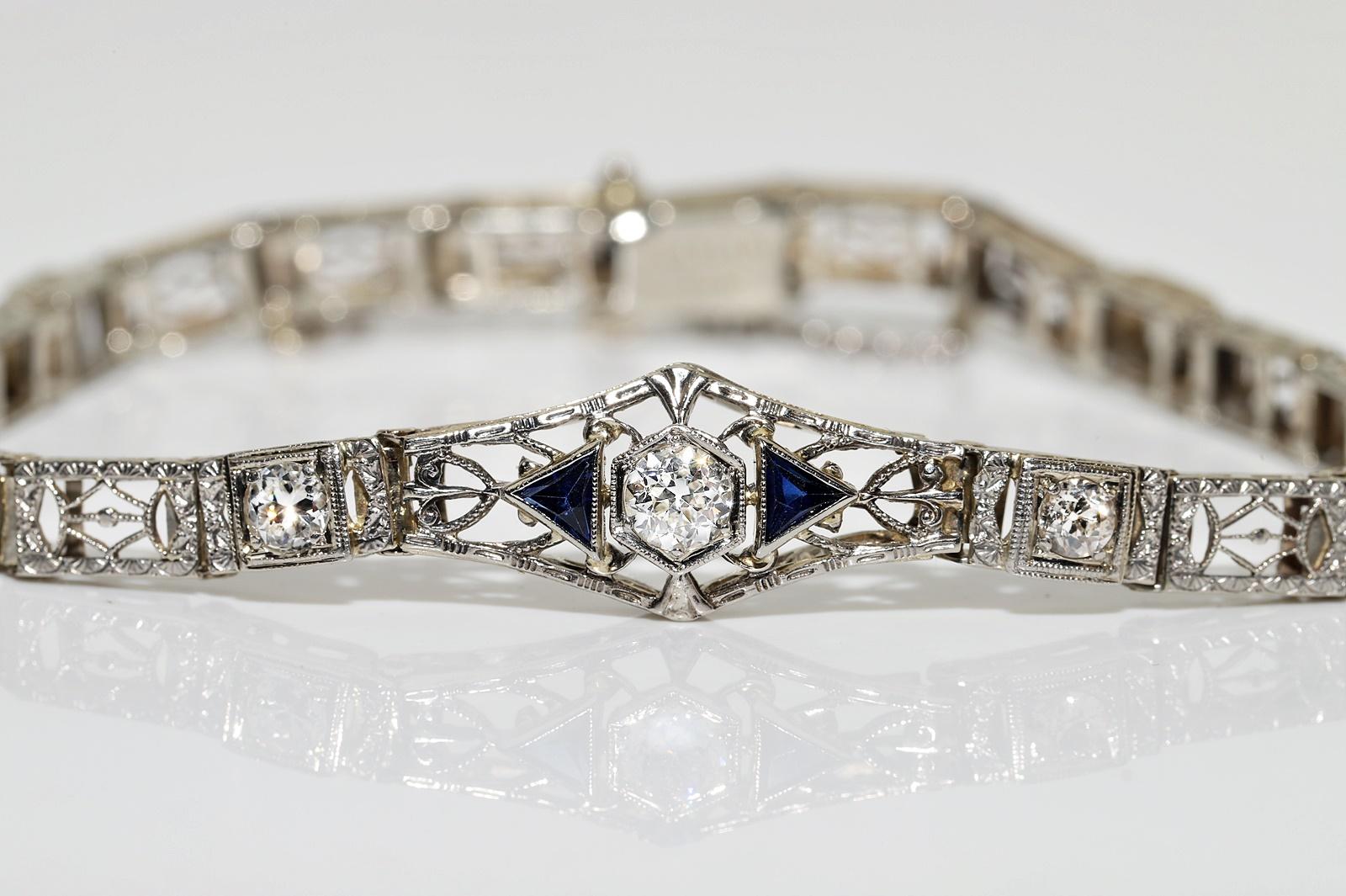 Antique Art Deco 14k Gold Top Platinum Natural Diamond And Sapphire Bracelet For Sale 1