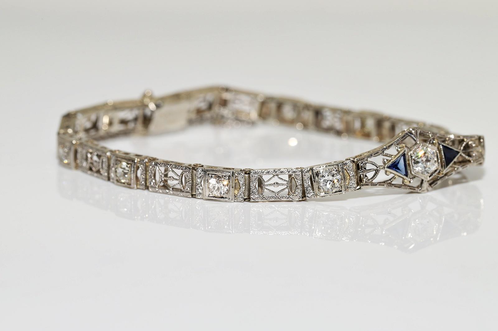 Antique Art Deco 14k Gold Top Platinum Natural Diamond And Sapphire Bracelet For Sale 3