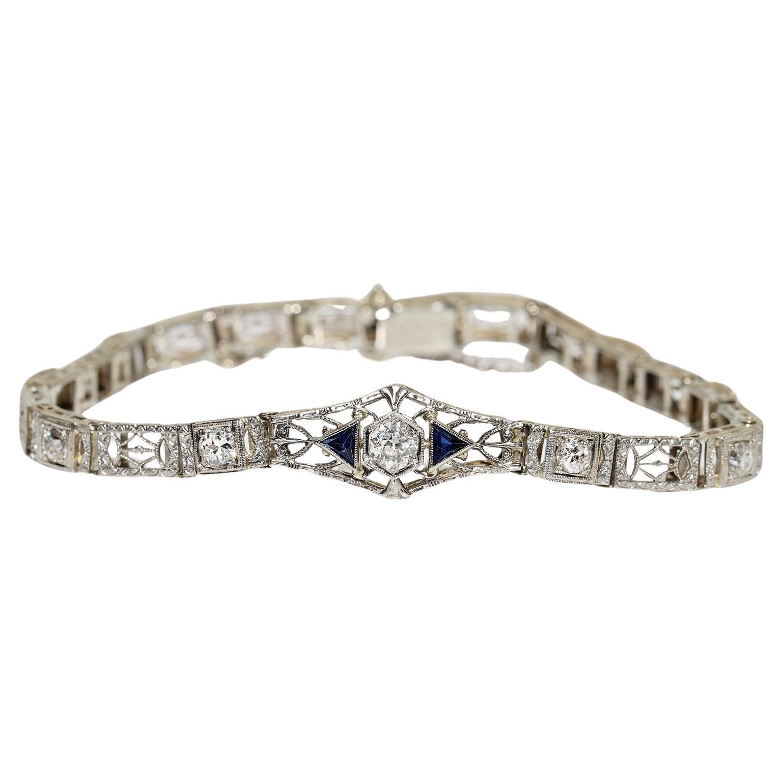 Antique Art Deco 14k Gold Top Platinum Natural Diamond And Sapphire Bracelet