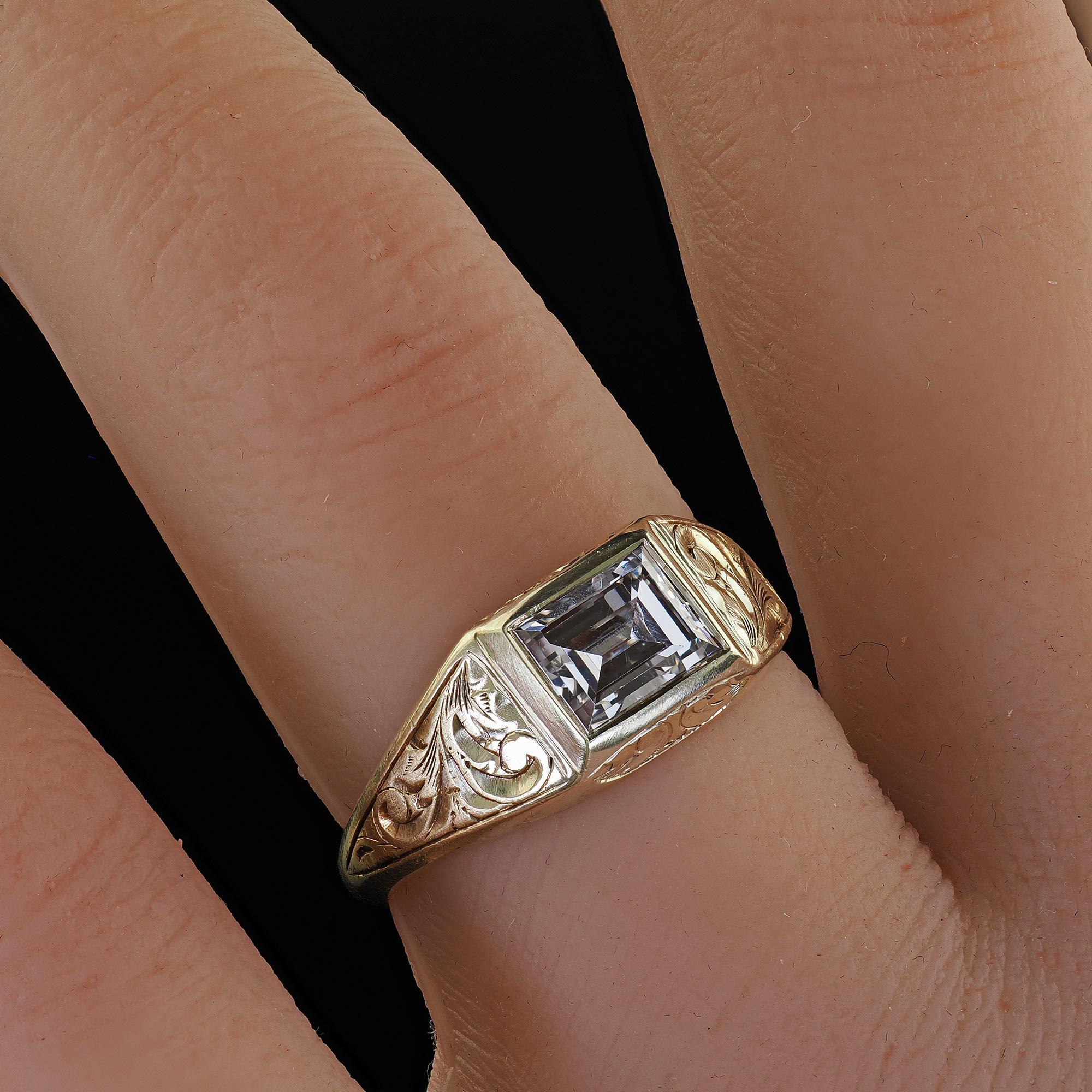Antique Art Deco 14K Green Gold Carre Step Cut Diamond Engagement Ring - GIA For Sale 5