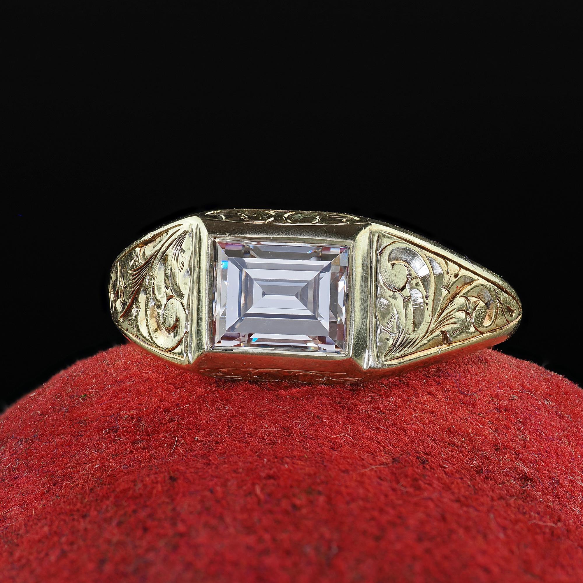 Beautiful Antique Art Deco 14K Green Gold Carre Step Cut Diamond Engagement Ring - GIA. This incredible Art Deco carre step cut diamond engagement ring is crafted in 14k green gold. The beautiful ring features a rectangular Carre step cut diamond in