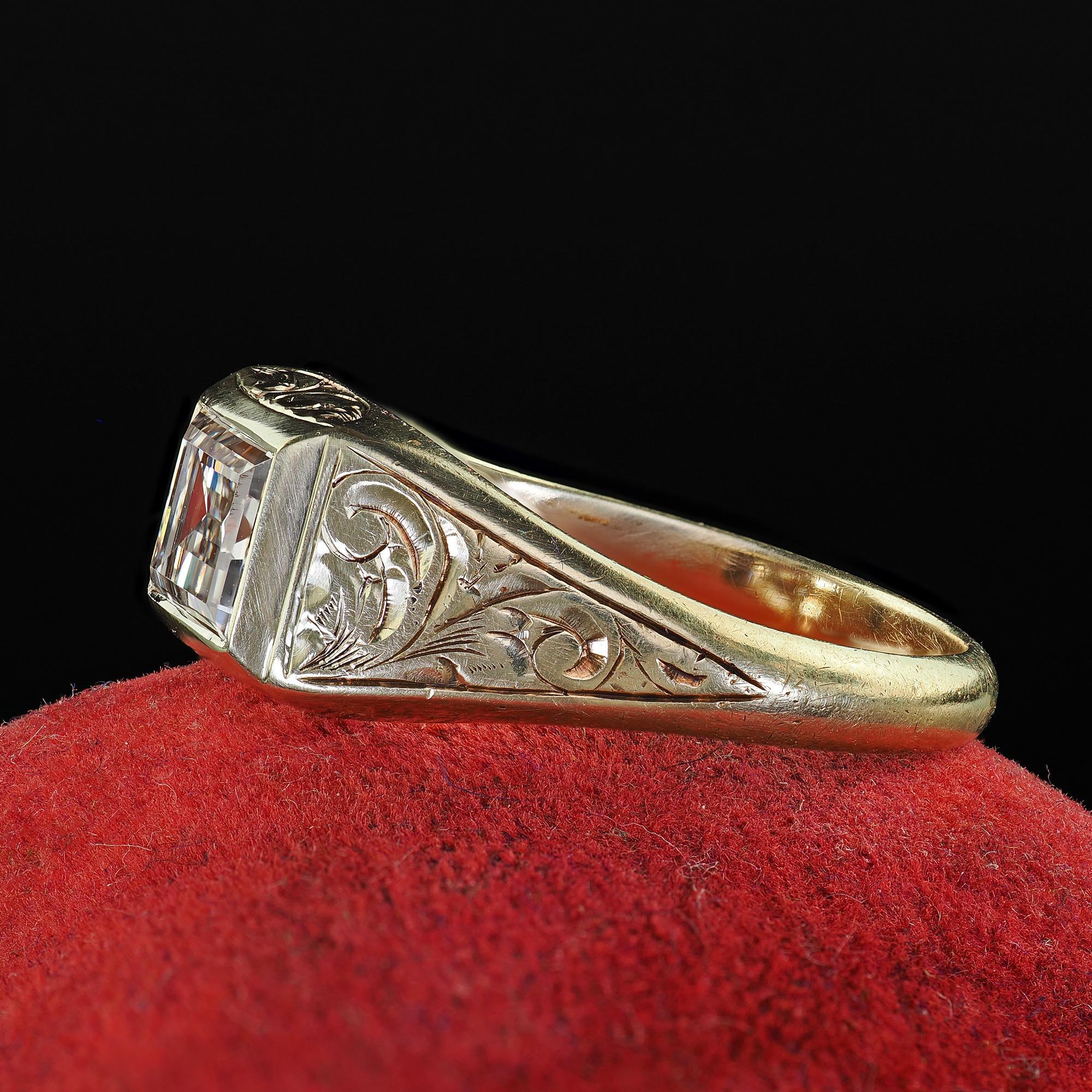 Women's Antique Art Deco 14K Green Gold Carre Step Cut Diamond Engagement Ring - GIA For Sale