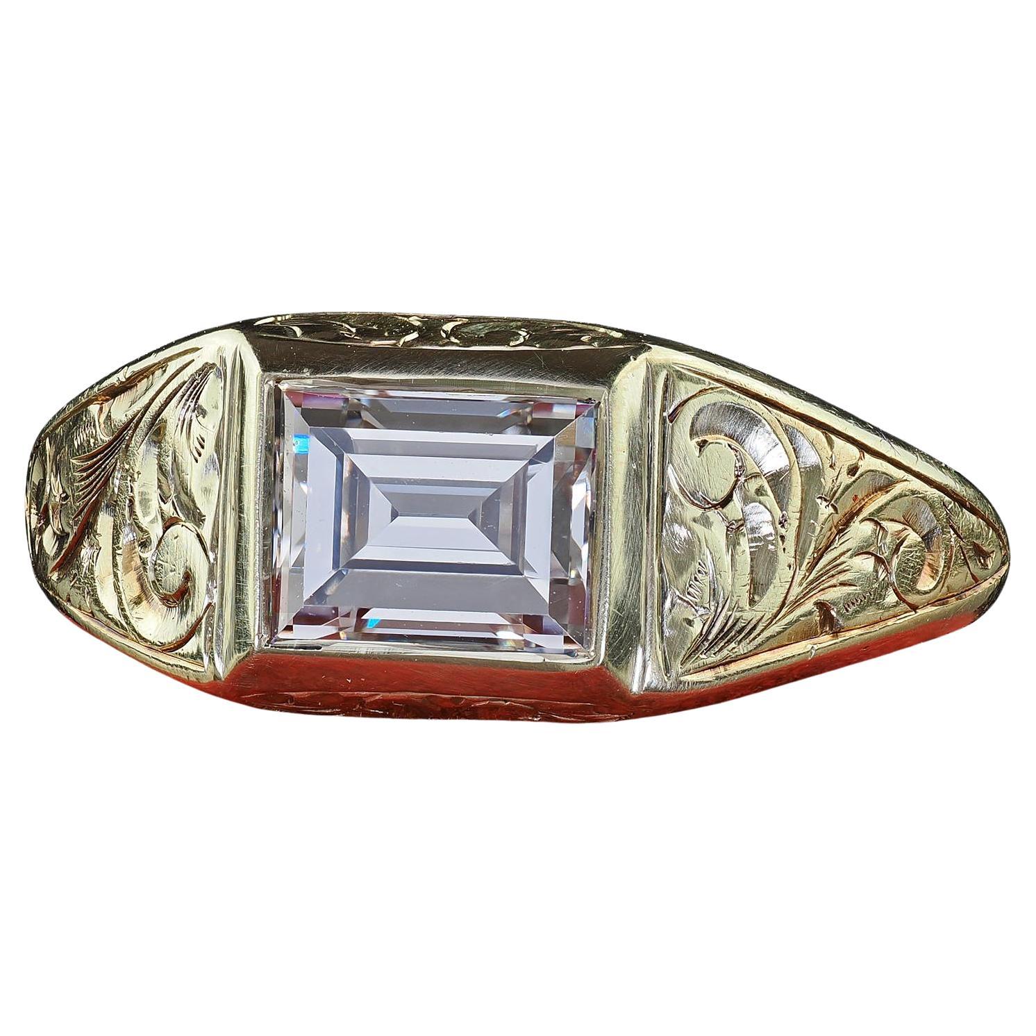 Antique Art Deco 14K Green Gold Carre Step Cut Diamond Engagement Ring - GIA For Sale