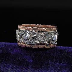 Alliance Art déco ancienne en or rose et blanc 14 carats avec diamants taille unique