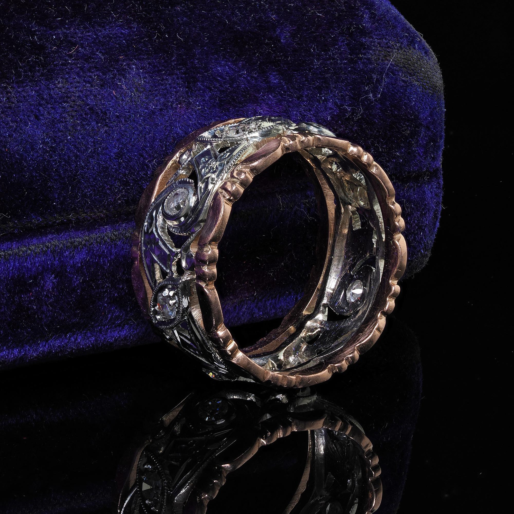 Antique Art Deco 14K Rose and White Gold Single Cut Diamond Wide Wedding Band In Good Condition For Sale In Great Neck, NY