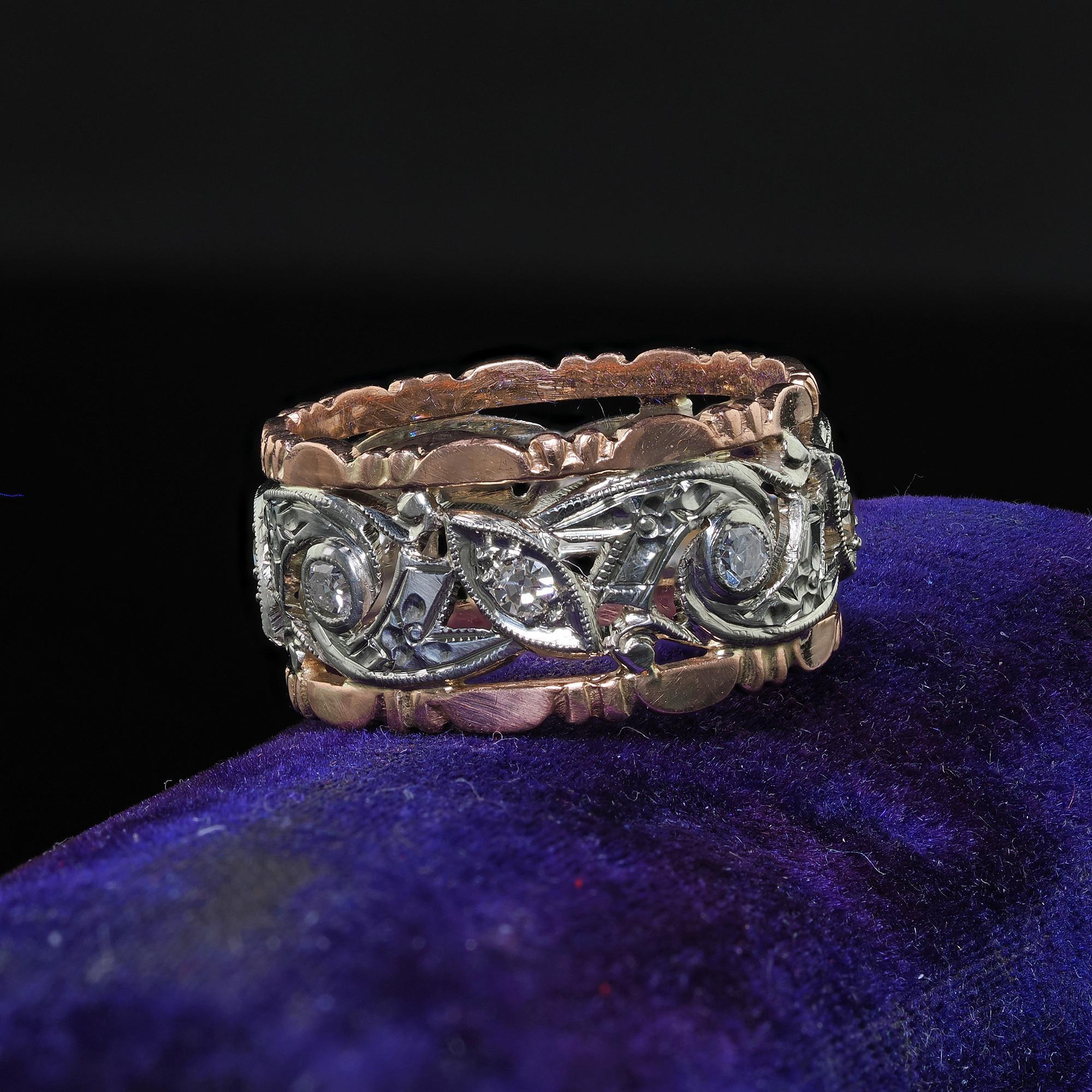 Women's Antique Art Deco 14K Rose and White Gold Single Cut Diamond Wide Wedding Band For Sale