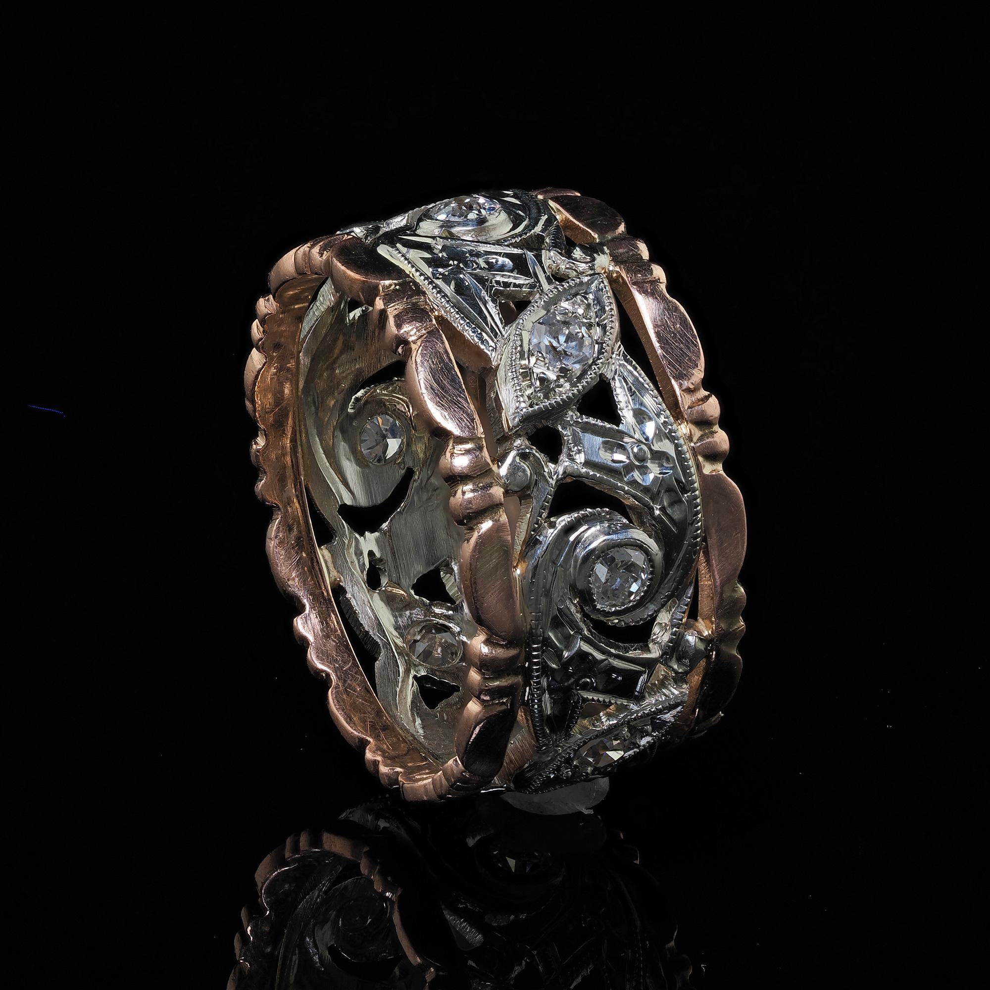 Antique Art Deco 14K Rose and White Gold Single Cut Diamond Wide Wedding Band For Sale 2