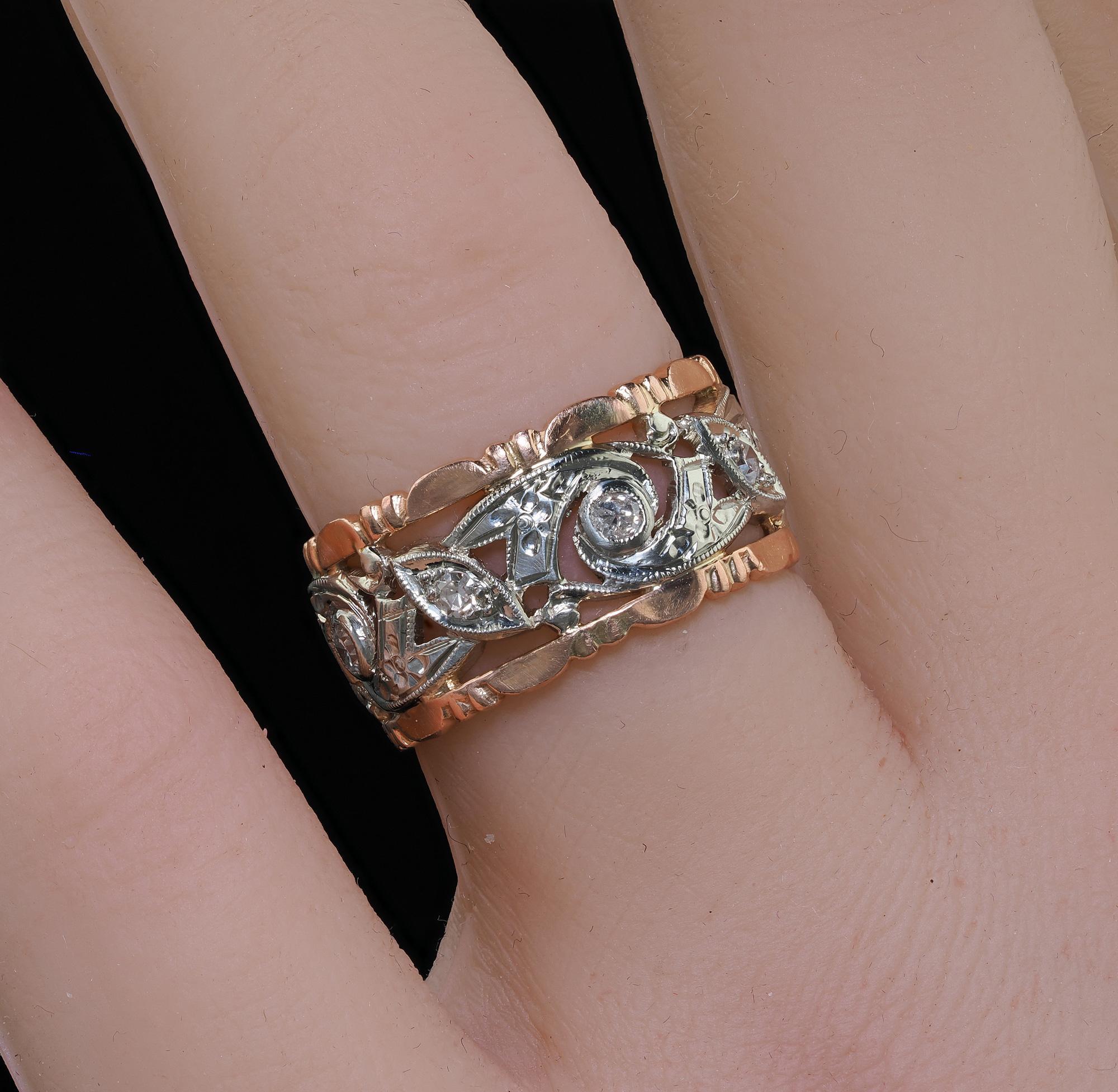Antique Art Deco 14K Rose and White Gold Single Cut Diamond Wide Wedding Band For Sale 3