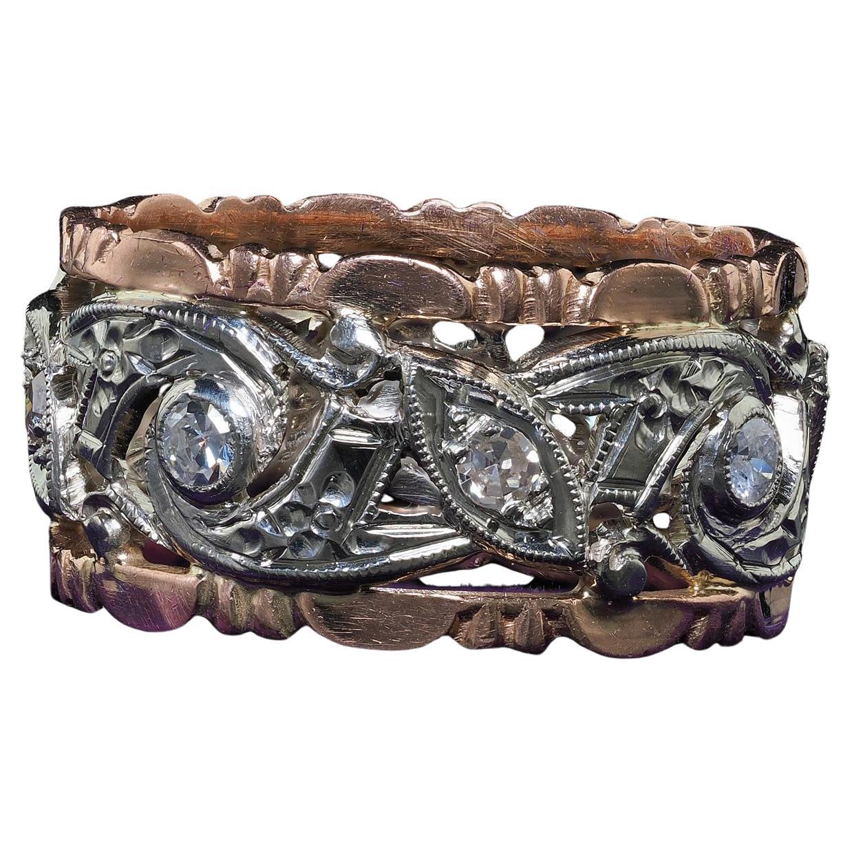 Antique Art Deco 14K Rose and White Gold Single Cut Diamond Wide Wedding Band For Sale