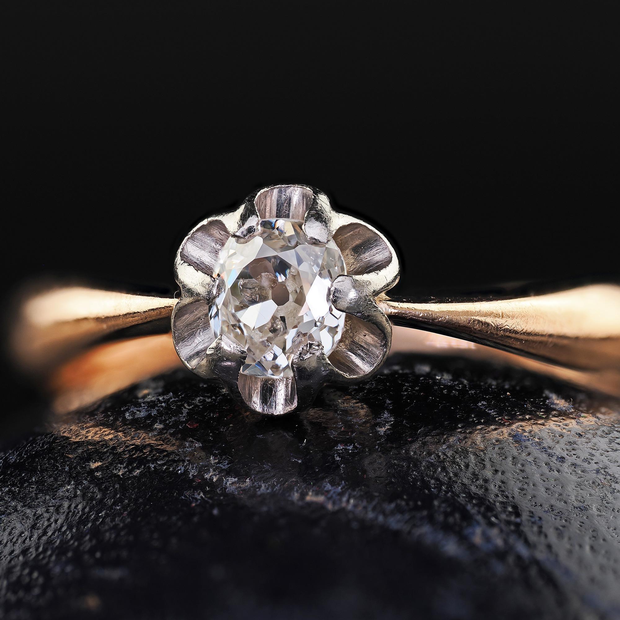 Donna Anello di fidanzamento antico Art Deco in oro rosa 14K Buttercup Old Mine Diamond in vendita