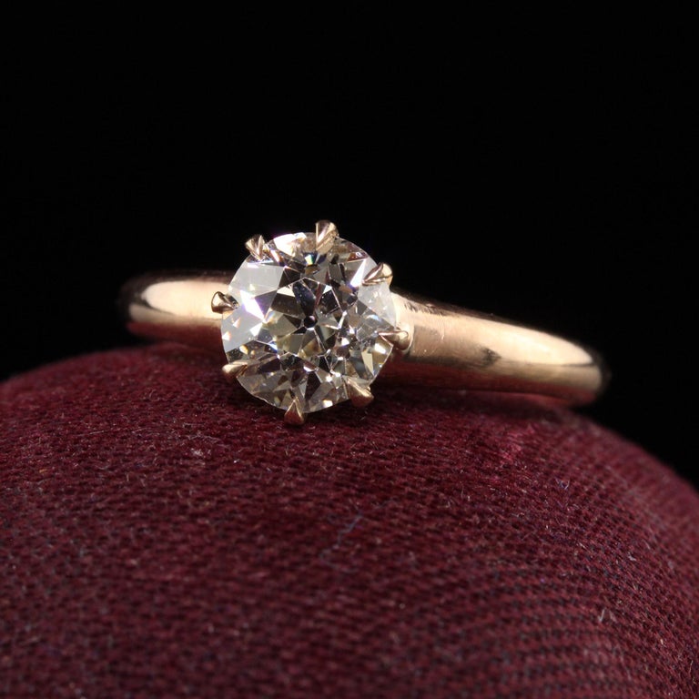 Women's or Men's Antique Art Deco 14K Rose Gold Old European Cut Diamond Engagement Ring For Sale