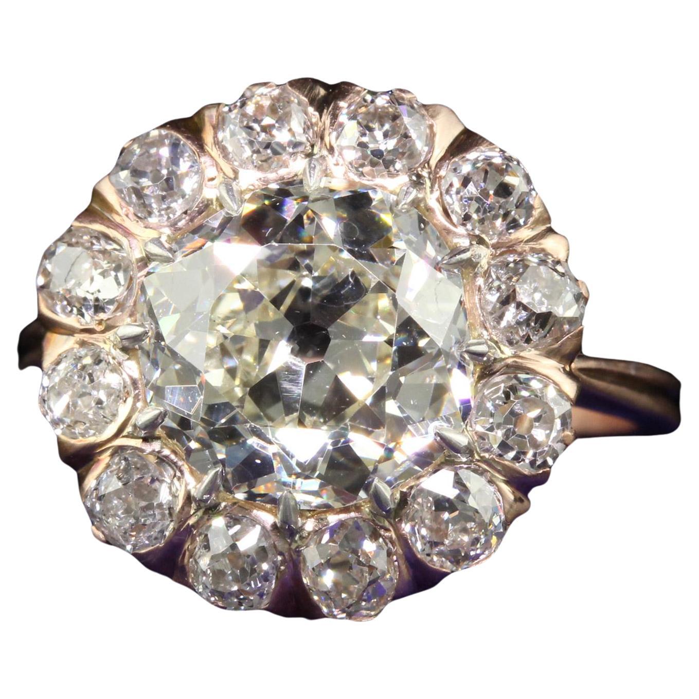 Antiker edwardianischer Verlobungsring aus 14 Karat Roségold mit alteuropäischem Diamant-Halo-Halo-Diamant - GIA