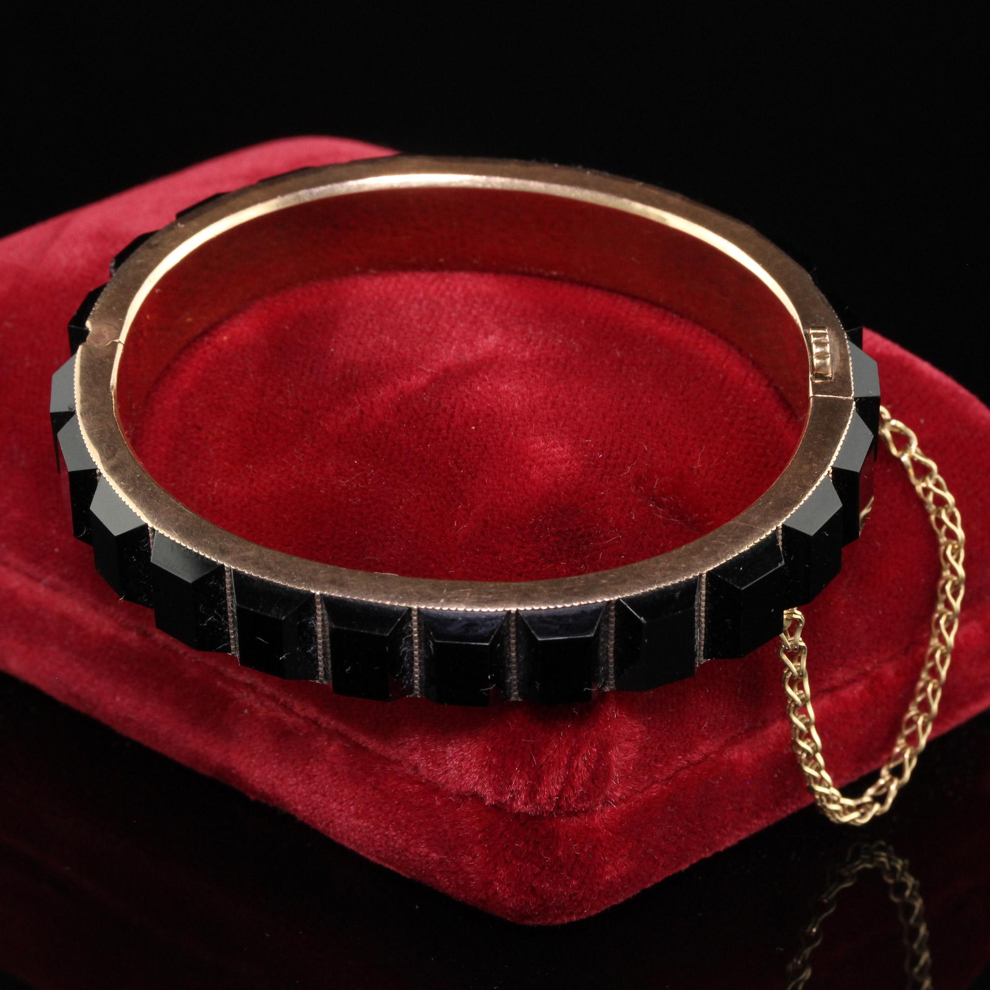 Women's Antique Art Deco 14k Rose Gold Step Cut Onyx Eternity Bangle Bracelet