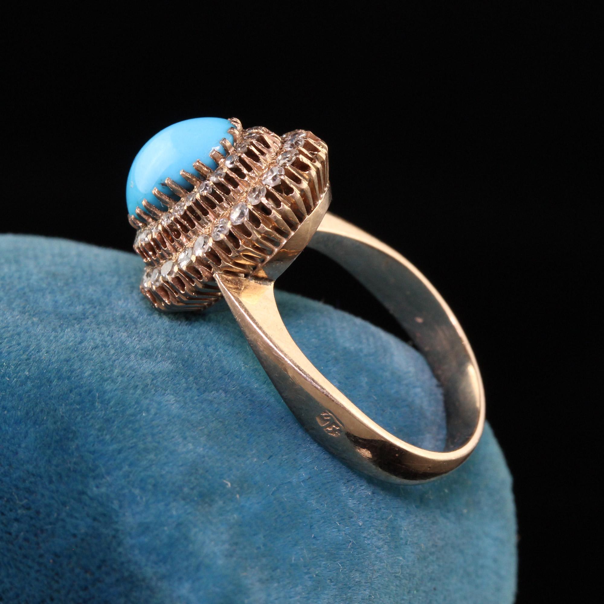 Beautiful Antique Art Deco 14K Rose Gold Turquoise and Diamond Cocktail Ring. This ring has a cabochon turquoise in the center of two rows of single cut diamonds.

Item #R0870

Metal: 14K Rose Gold

Diamonds: Approximately .40 cts

Color: