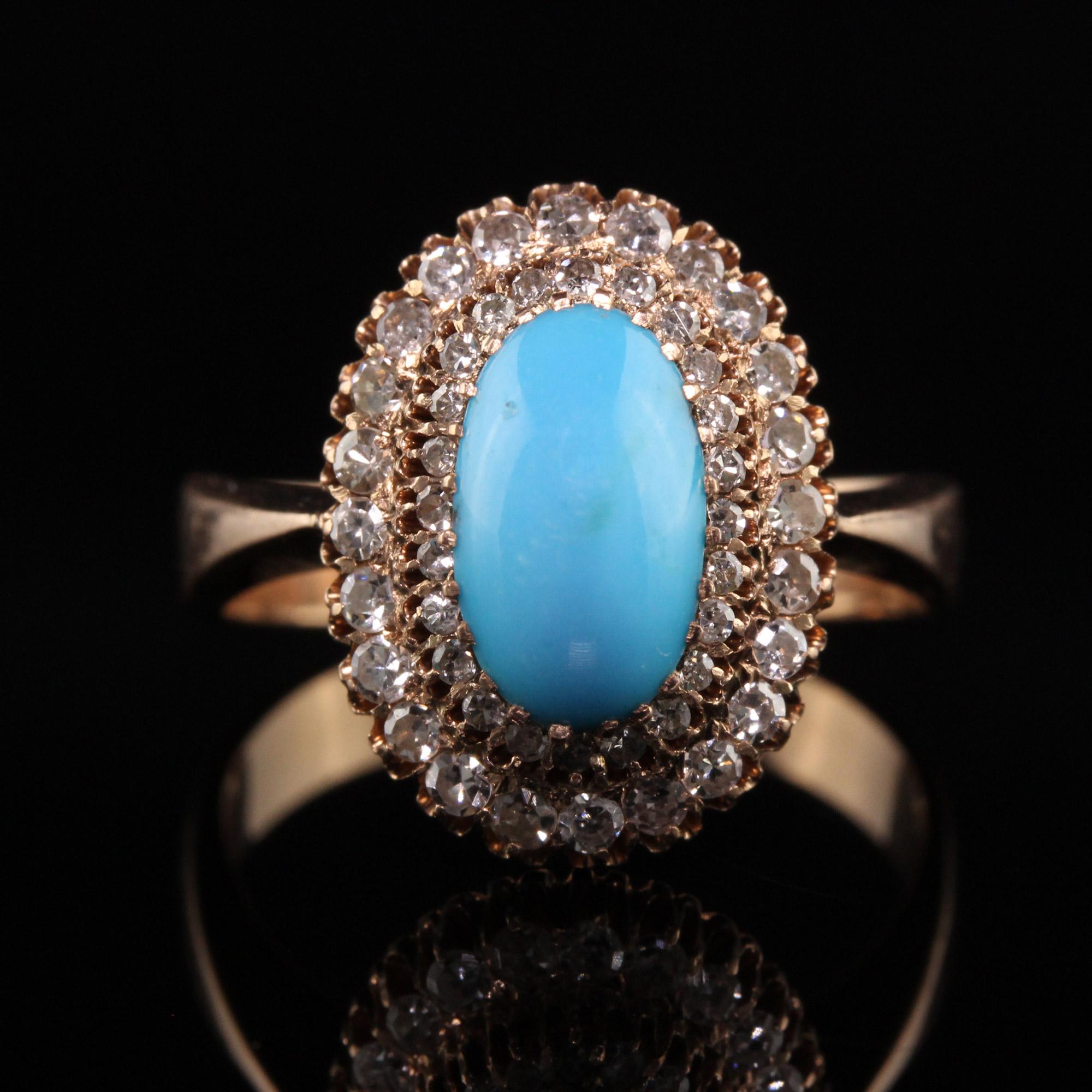 Rose Cut Antique Art Deco 14K Rose Gold Turquoise and Diamond Cocktail Ring